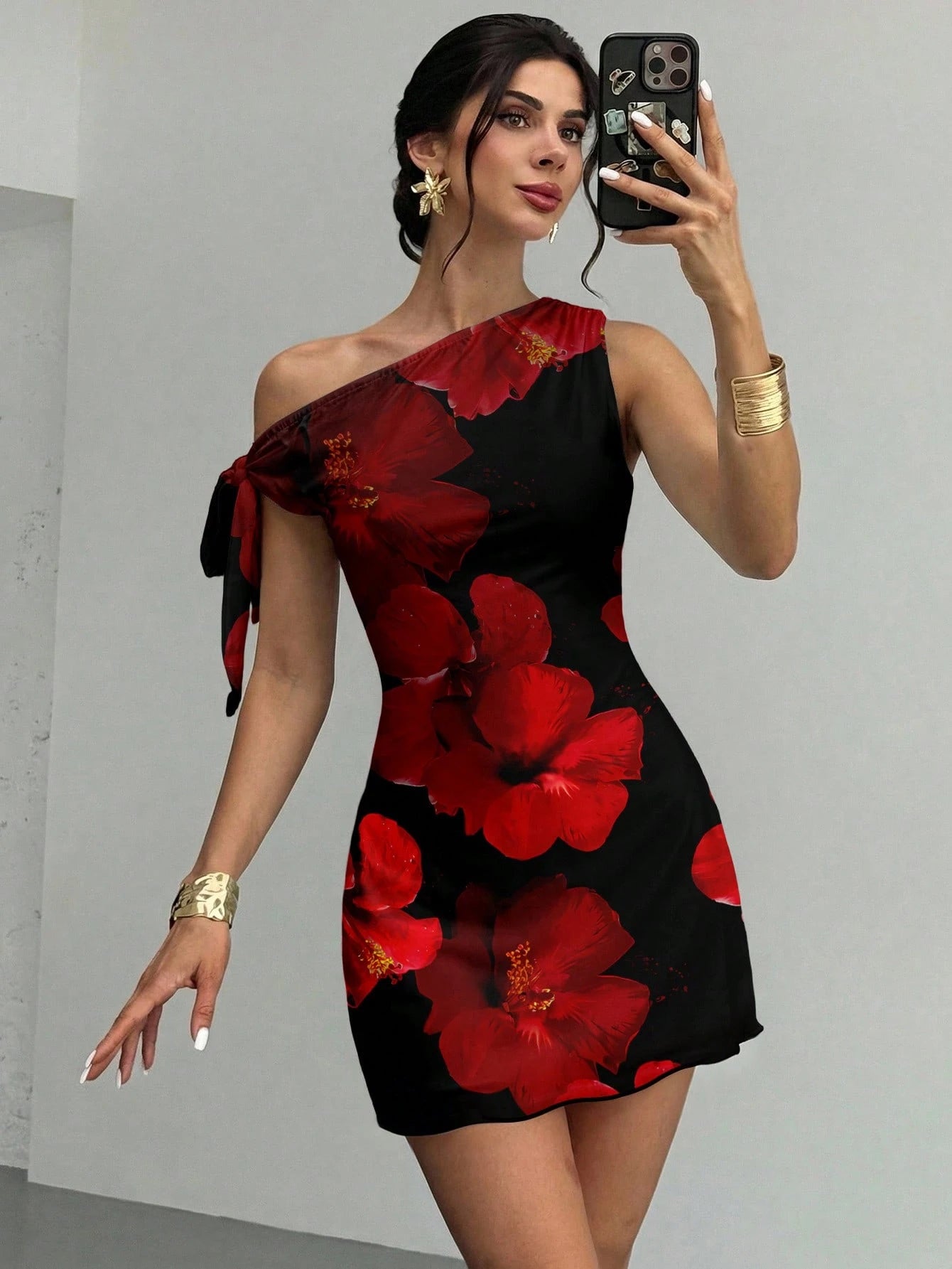 Firerie Women's Orange Red Floral Mesh Mini