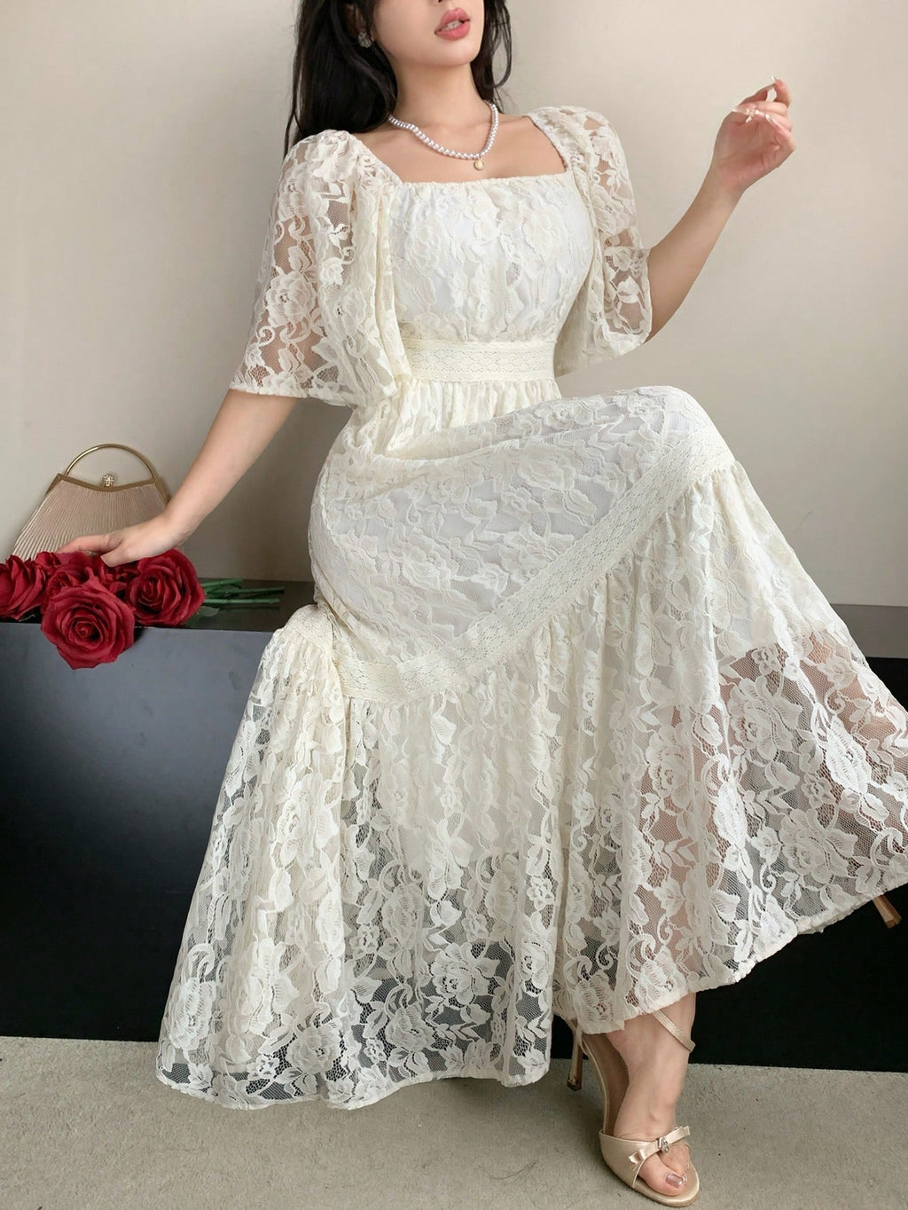 DAZY Contrast Color Lace Full Floral Print Mid-Length Dress For Women