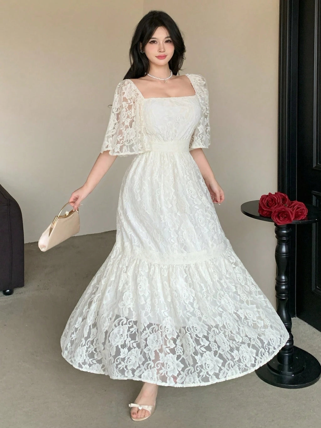 DAZY Contrast Color Lace Full Floral Print Mid-Length Dress For Women