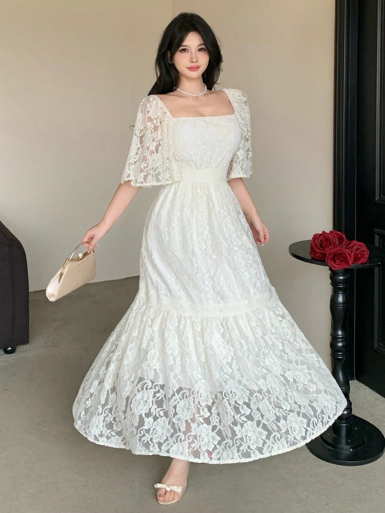 DAZY Contrast Color Lace Full Floral Print Mid-Length Dress For Women