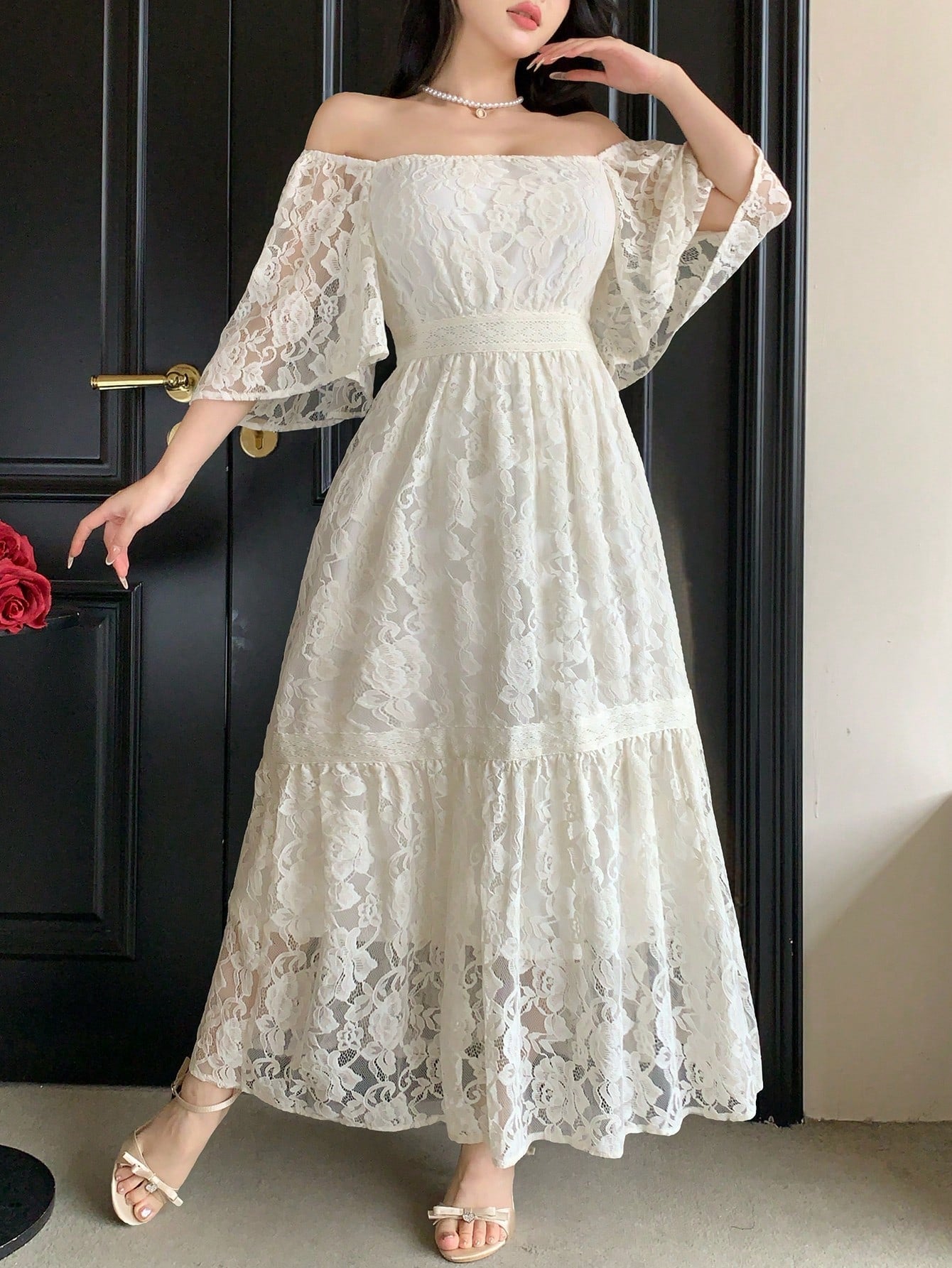 DAZY Contrast Color Lace Full Floral Print Mid-Length Dress For Women