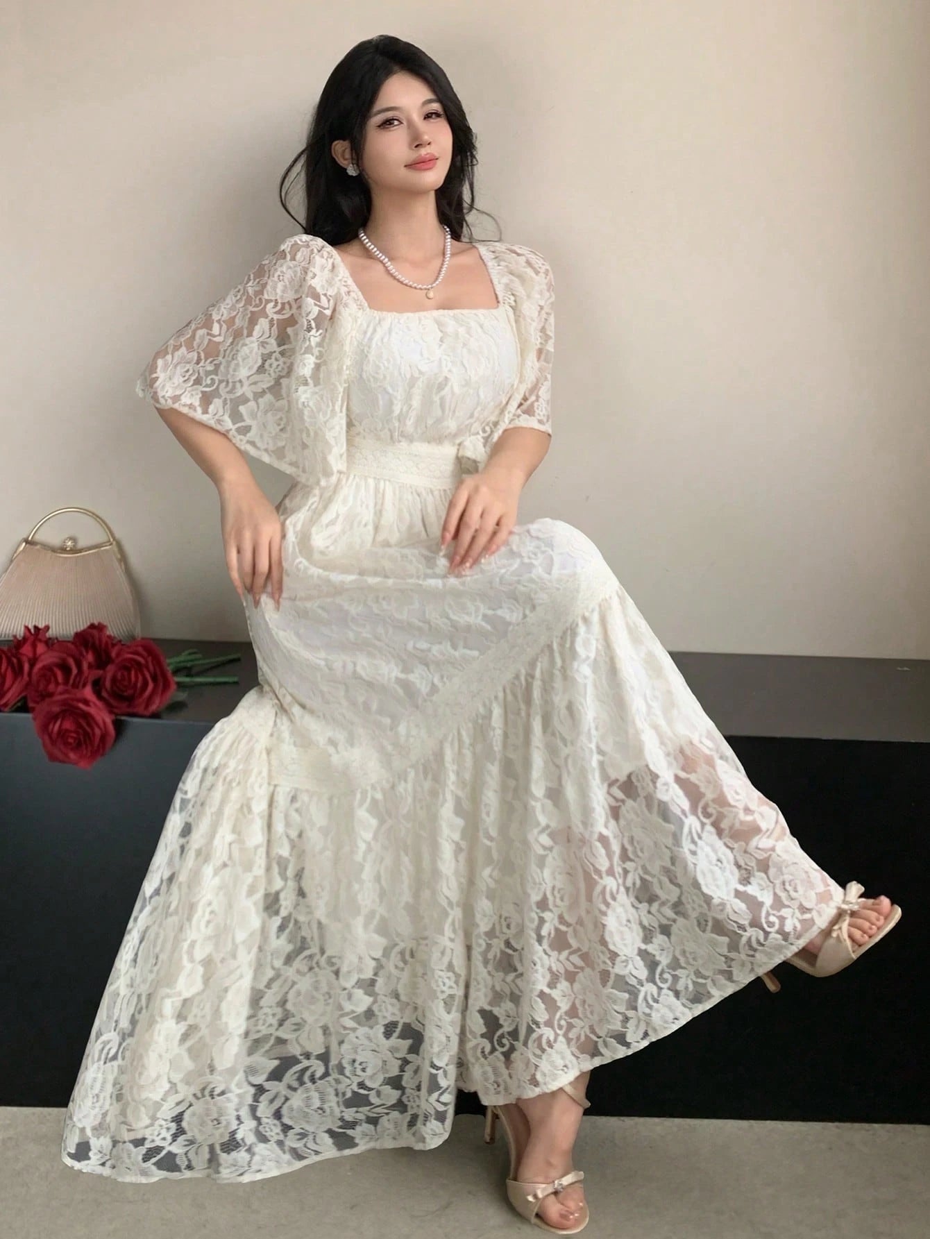 DAZY Contrast Color Lace Full Floral Print Mid-Length Dress For Women