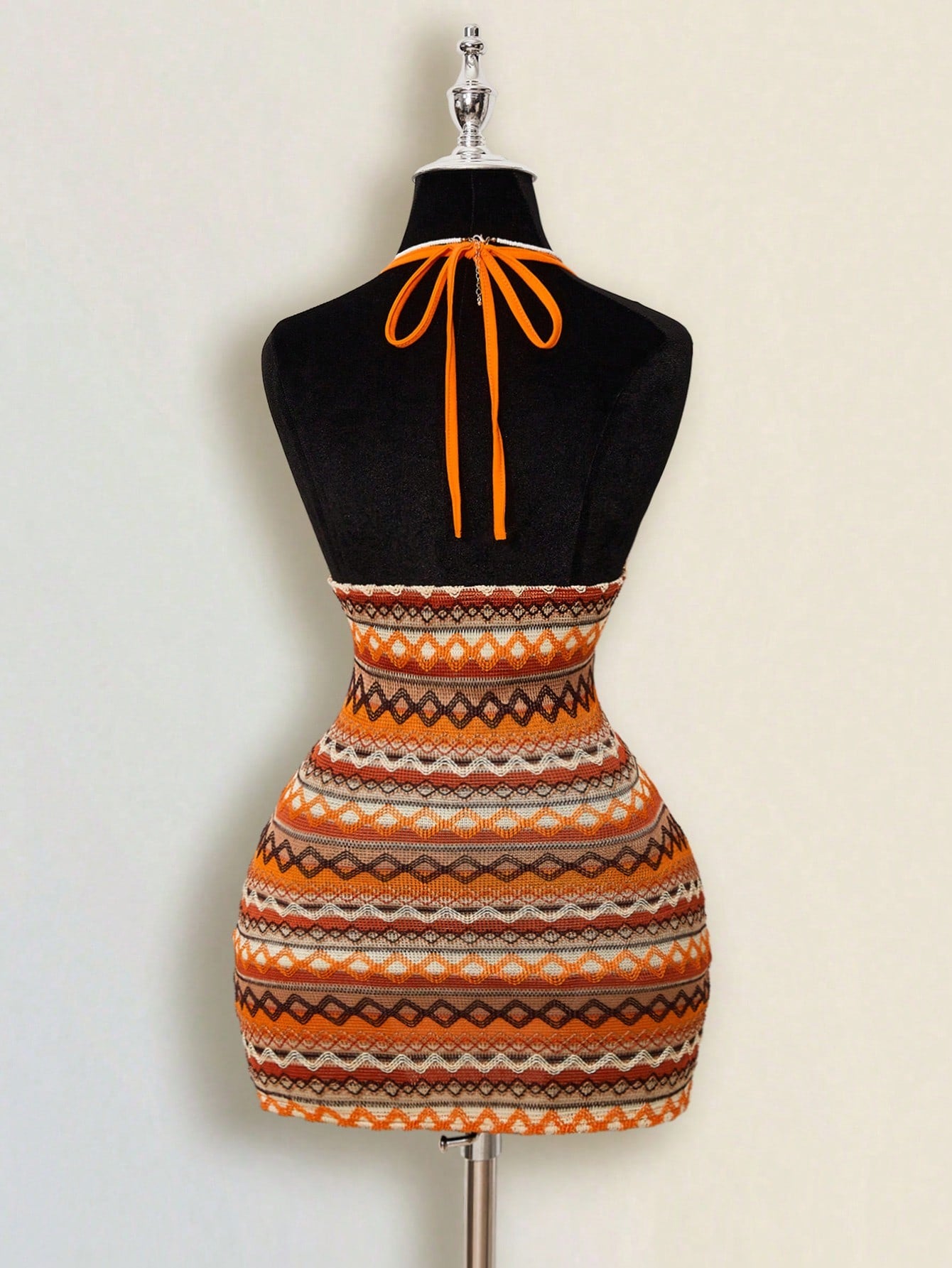 ICON Women's Colorful Jacquard Knit Contrast Ribbed Trim Halter Backless Deep V Mini Beach Dress - image 2