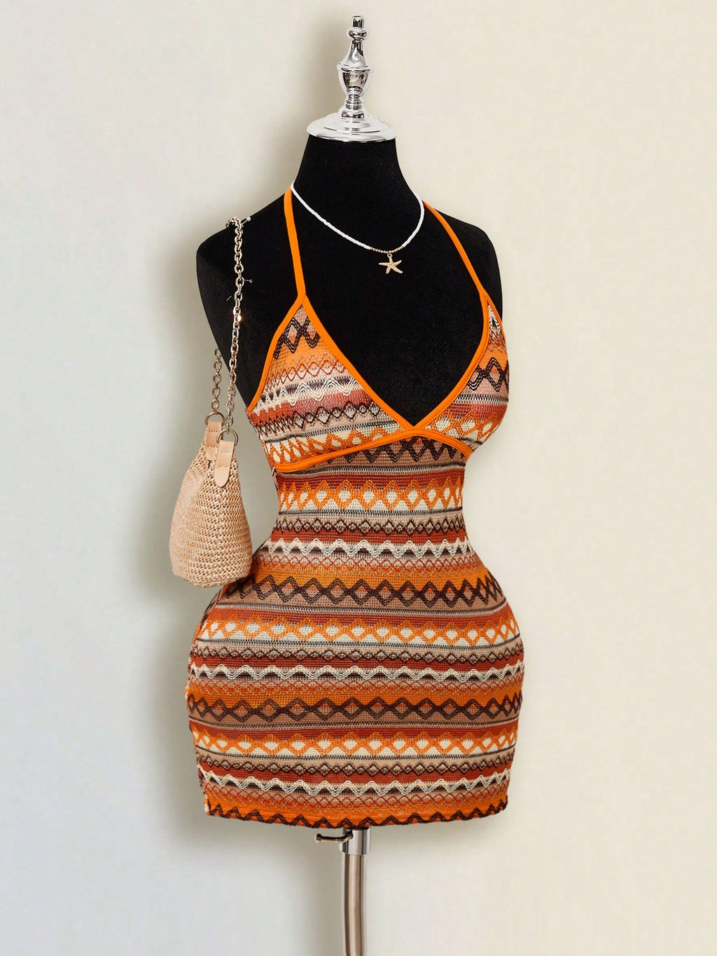 ICON Women's Colorful Jacquard Knit Contrast Ribbed Trim Halter