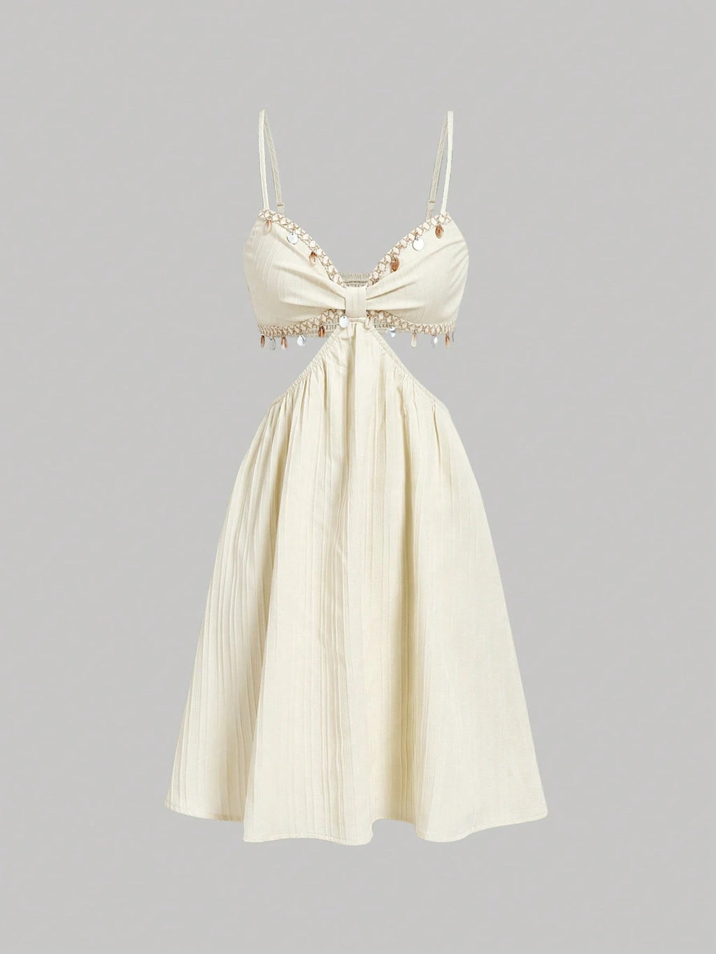 Skyraze Women's Cream White Shell Trim Cutout Waist Cami Mini Dress,Summer,Boho,Beach - image 4