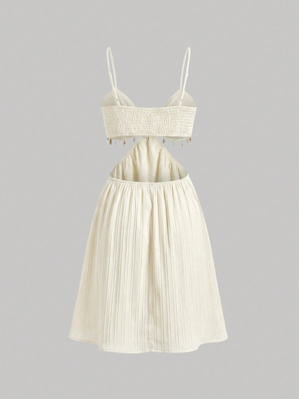 Skyraze Women's Cream White Shell Trim Cutout Waist Cami Mini Dress,Summer,Boho,Beach - image 5