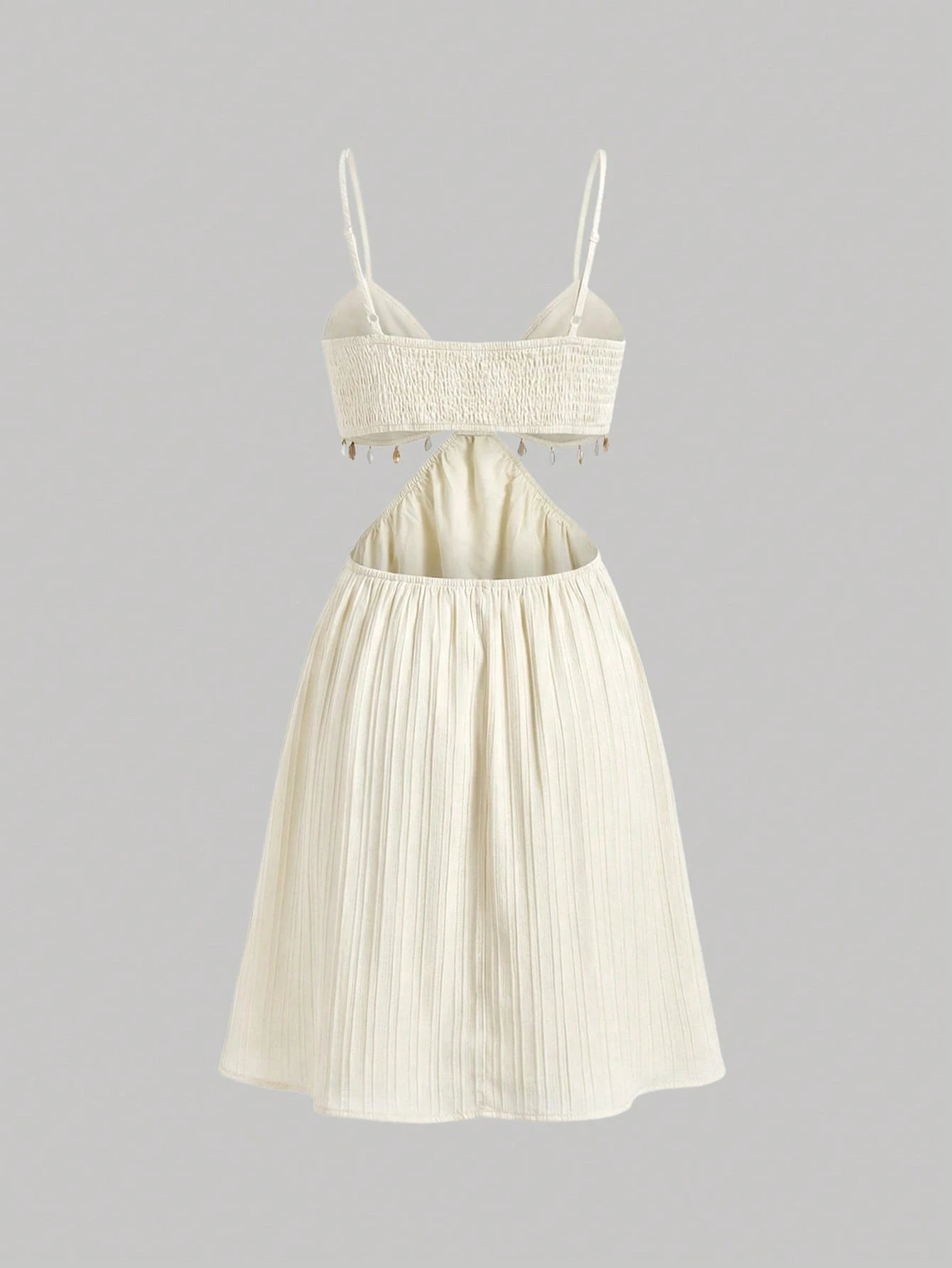 Skyraze Women's Cream White Shell Trim Cutout Waist Cami Mini Dress,Summer,Boho,Beach - image 5