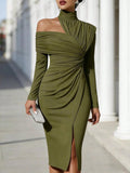 Women's French Summer Fashion Solid Color Elegant Asymmetric Design Olive Green Hanging Neck Off Shoulder