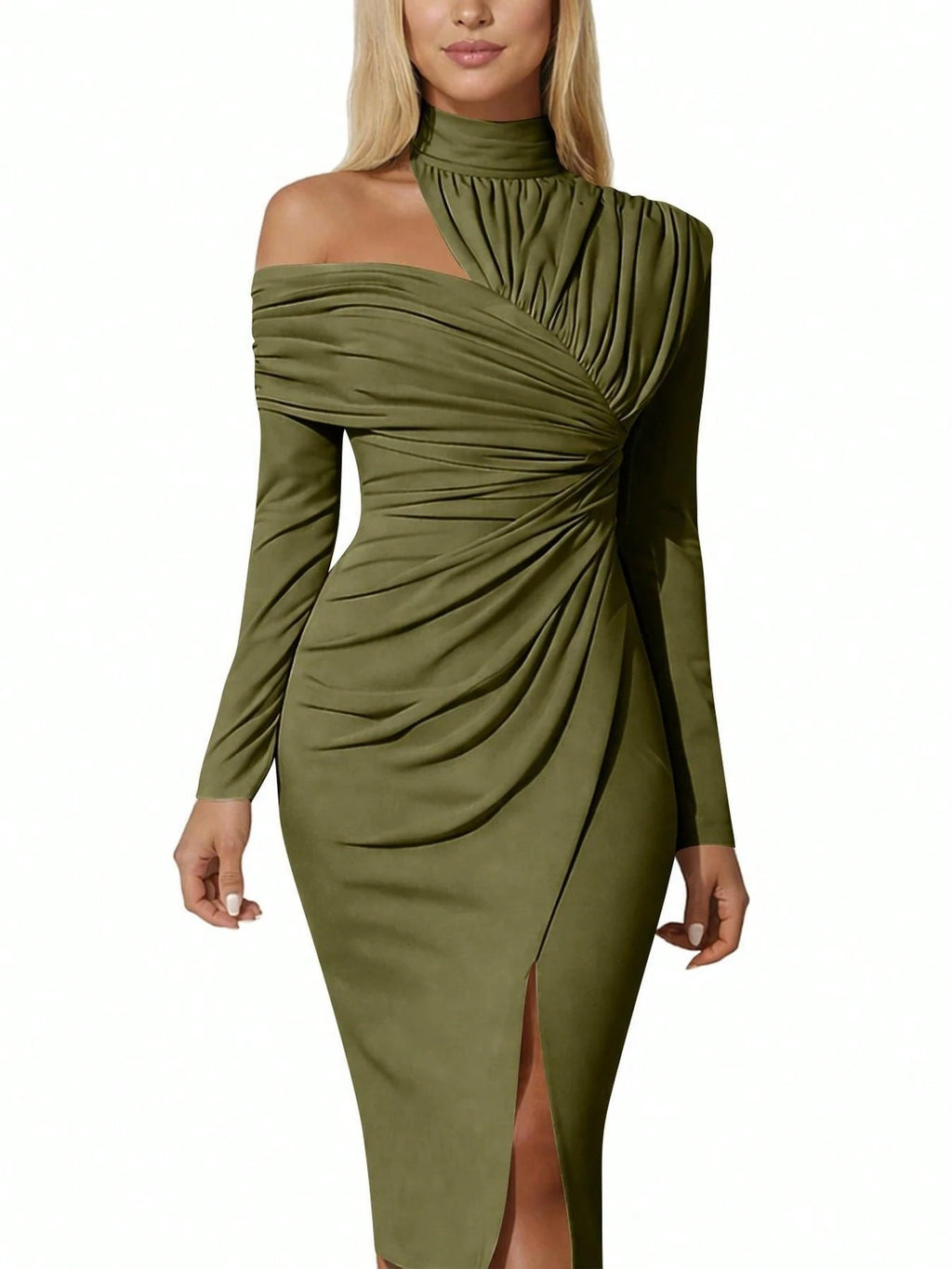 Women's French Summer Fashion Solid Color Elegant Asymmetric Design Olive Green Hanging Neck Off Shoulder - image 3