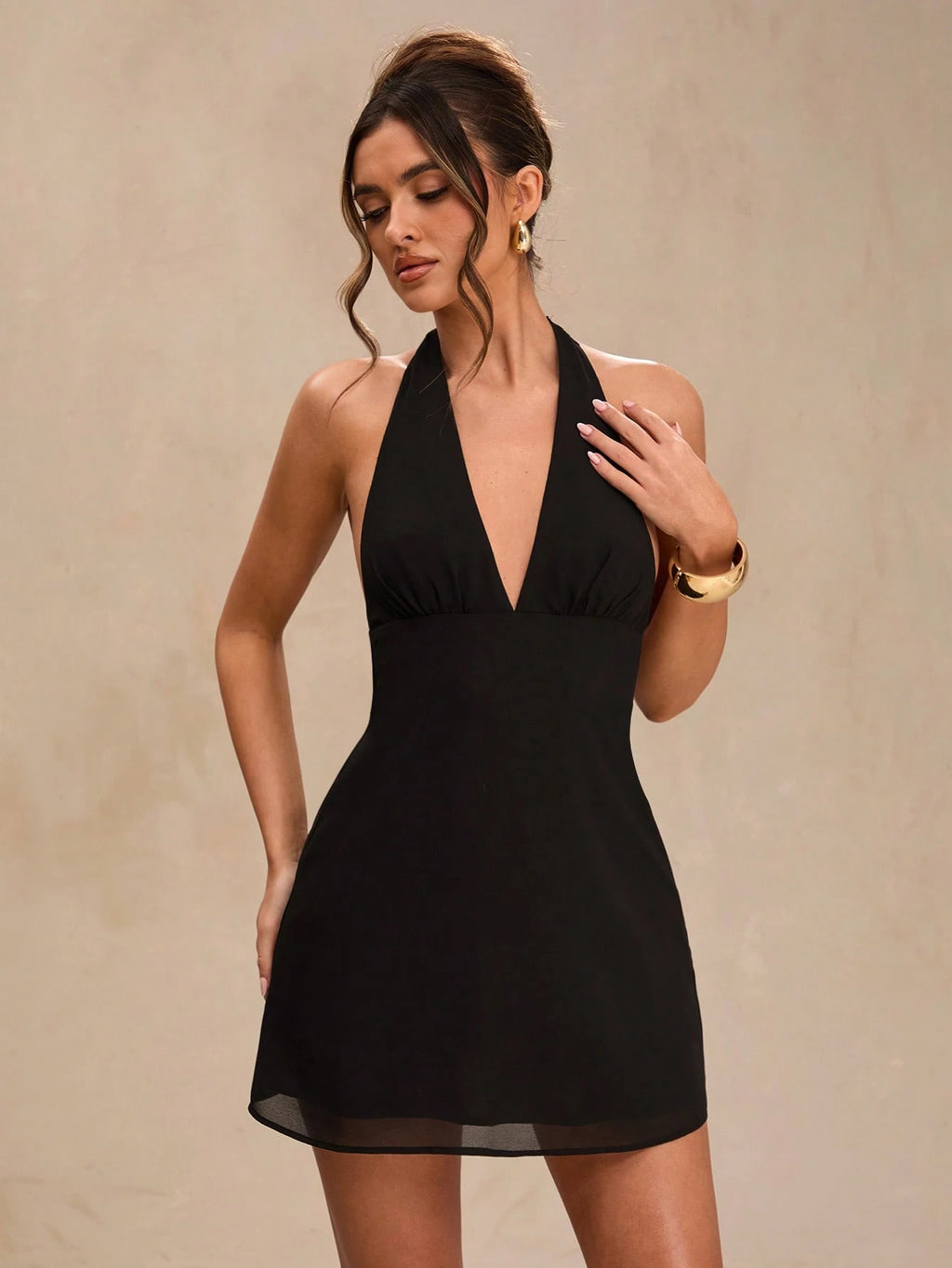 BAE Black Deep Draped Neck Halter Backless Sexy Chiffon Mini Dress For Women, Spring/Summer,Summer Dresses - image 12