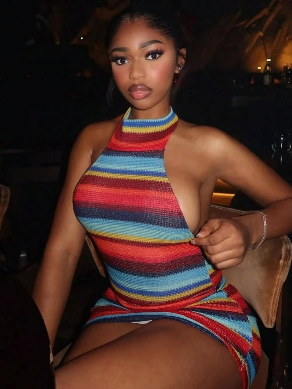 Hot And Spicy Dopamine Striped Women's Sexy Hot Girl Slimming Bareback Hanging Neck Strap Contrasting Color - image 10