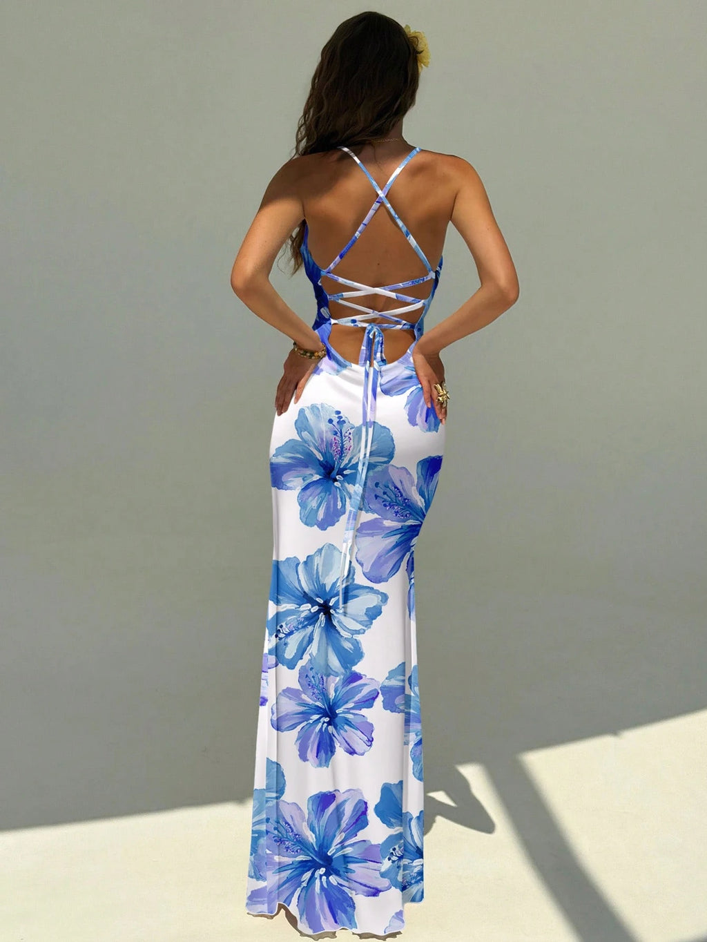 Aloruh Women's Elegant Orange Hibiscus Print Backless Tie Strap Dress,Orange And Yellow,Summer,Boho,Beach - image 20