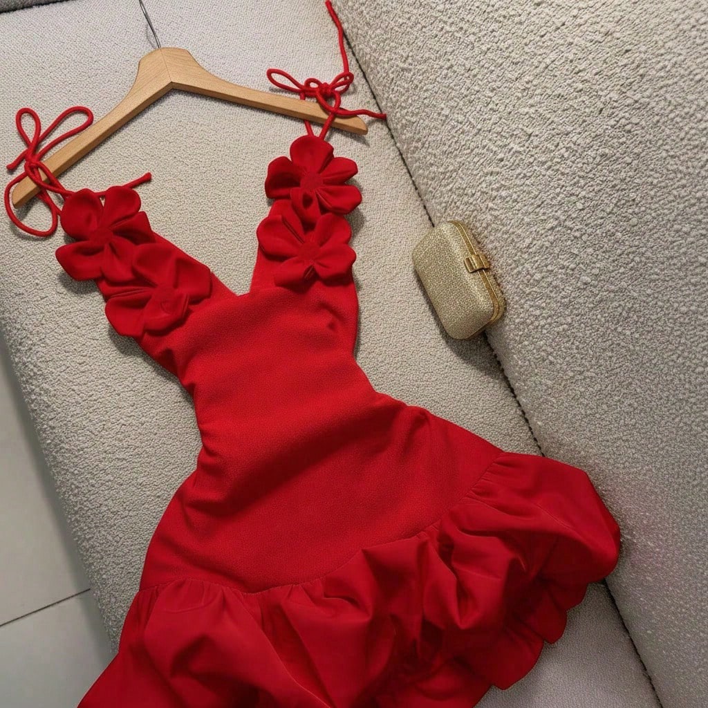 Women's Handmade Floral 3D Decor Deep V-Neck Spaghetti Strap Tie-Up