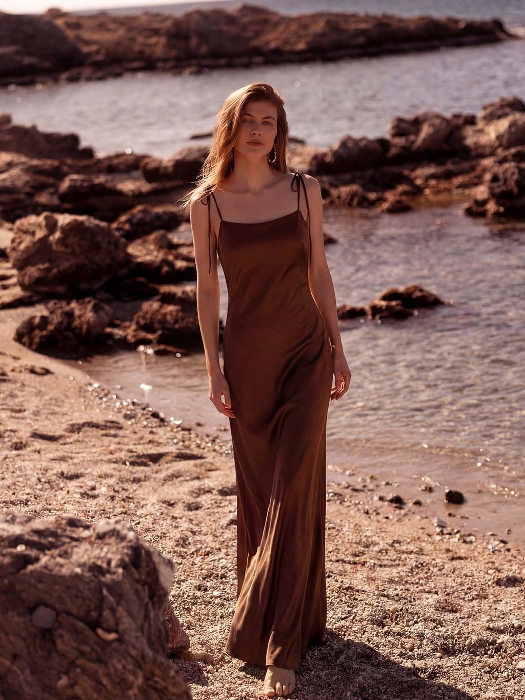 French Elegant Glossy Satin Brown Evening Gown, Cowl Neck Tie Strap Spaghetti Straps Back Zipper Open Back - image 4