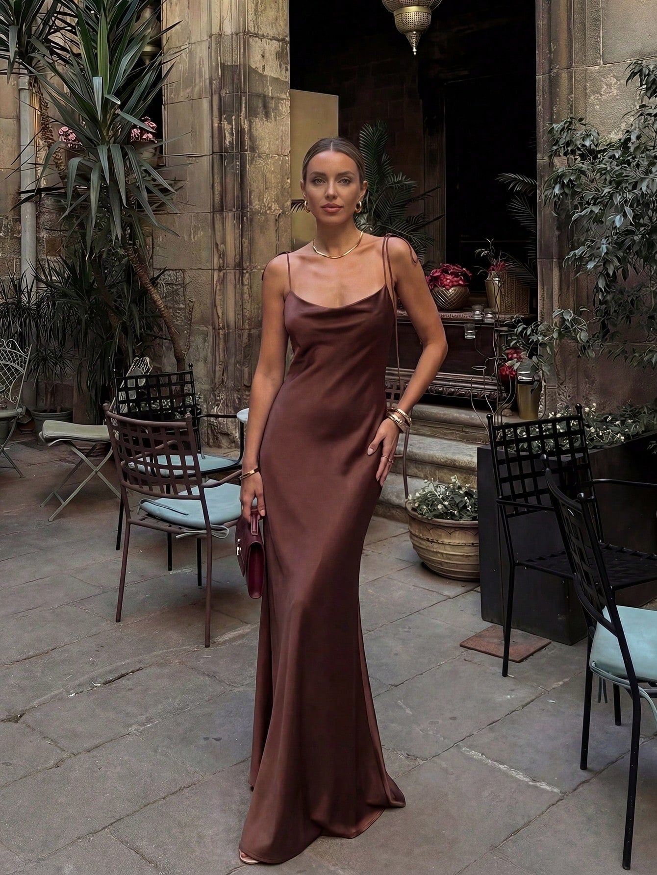 French Elegant Glossy Satin Brown Evening Gown, Cowl Neck Tie Strap Spaghetti Straps Back Zipper Open Back