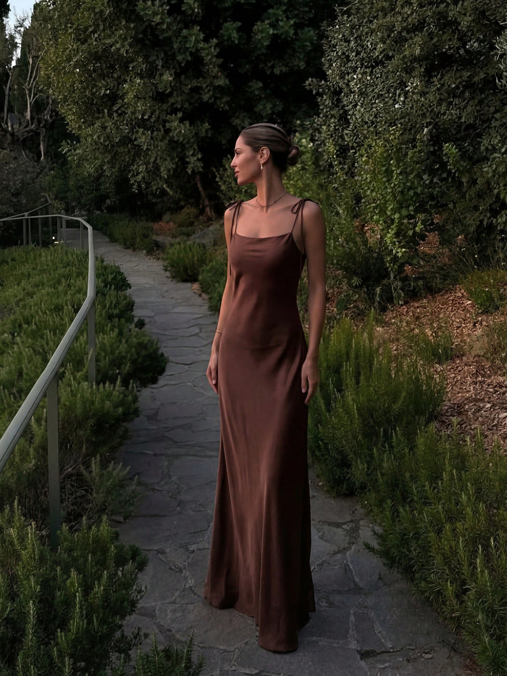 French Elegant Glossy Satin Brown Evening Gown, Cowl Neck Tie Strap Spaghetti Straps Back Zipper Open Back - image 6