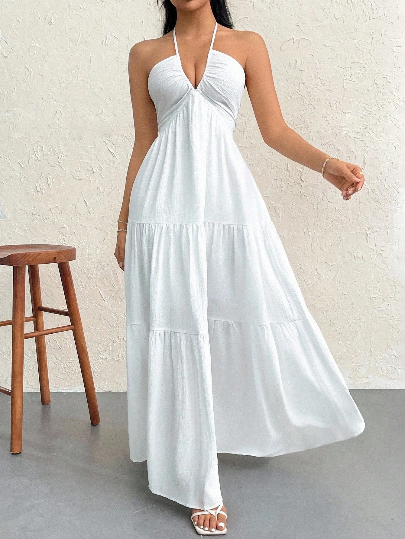 Firerie Women's Cream White Elegant Tropical Vacation Holiday Summer Halter V-Neck Backless A-Line Pleated - image 9