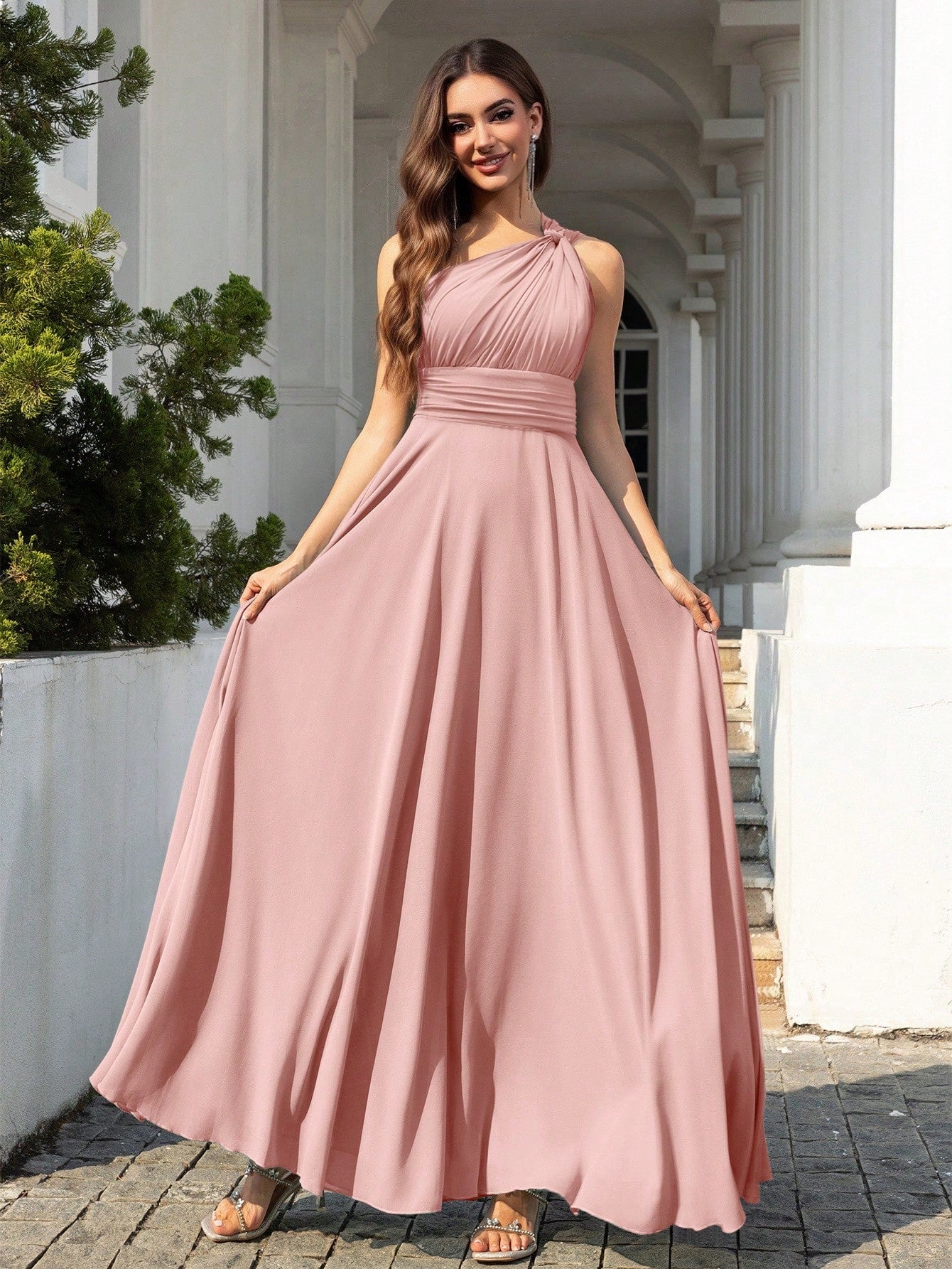 Volly Toych Elegant Sleeveless Long Bridesmaid Dress In Greyish Blue,