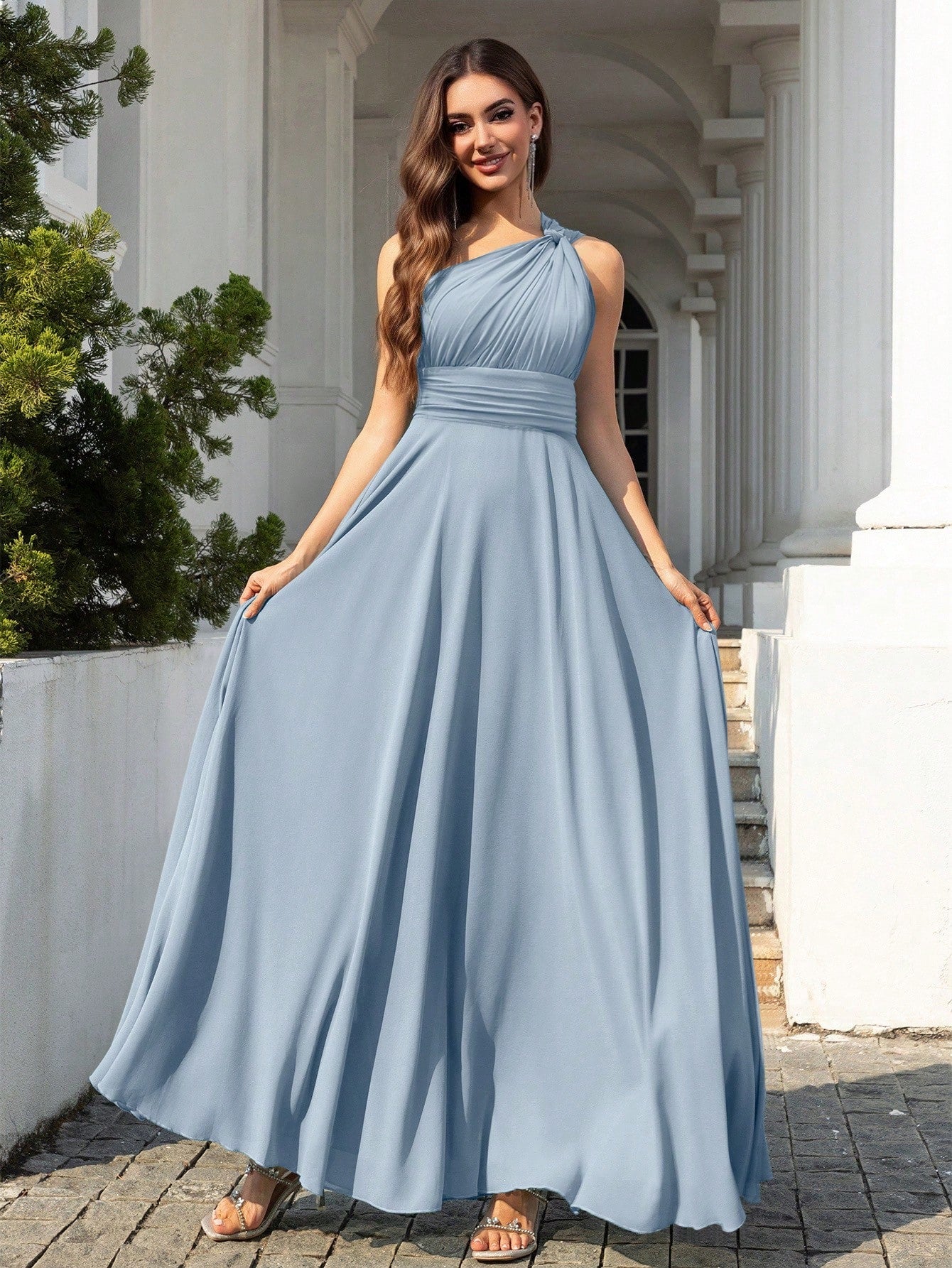 Volly Toych Elegant Sleeveless Long Bridesmaid Dress In Greyish Blue,
