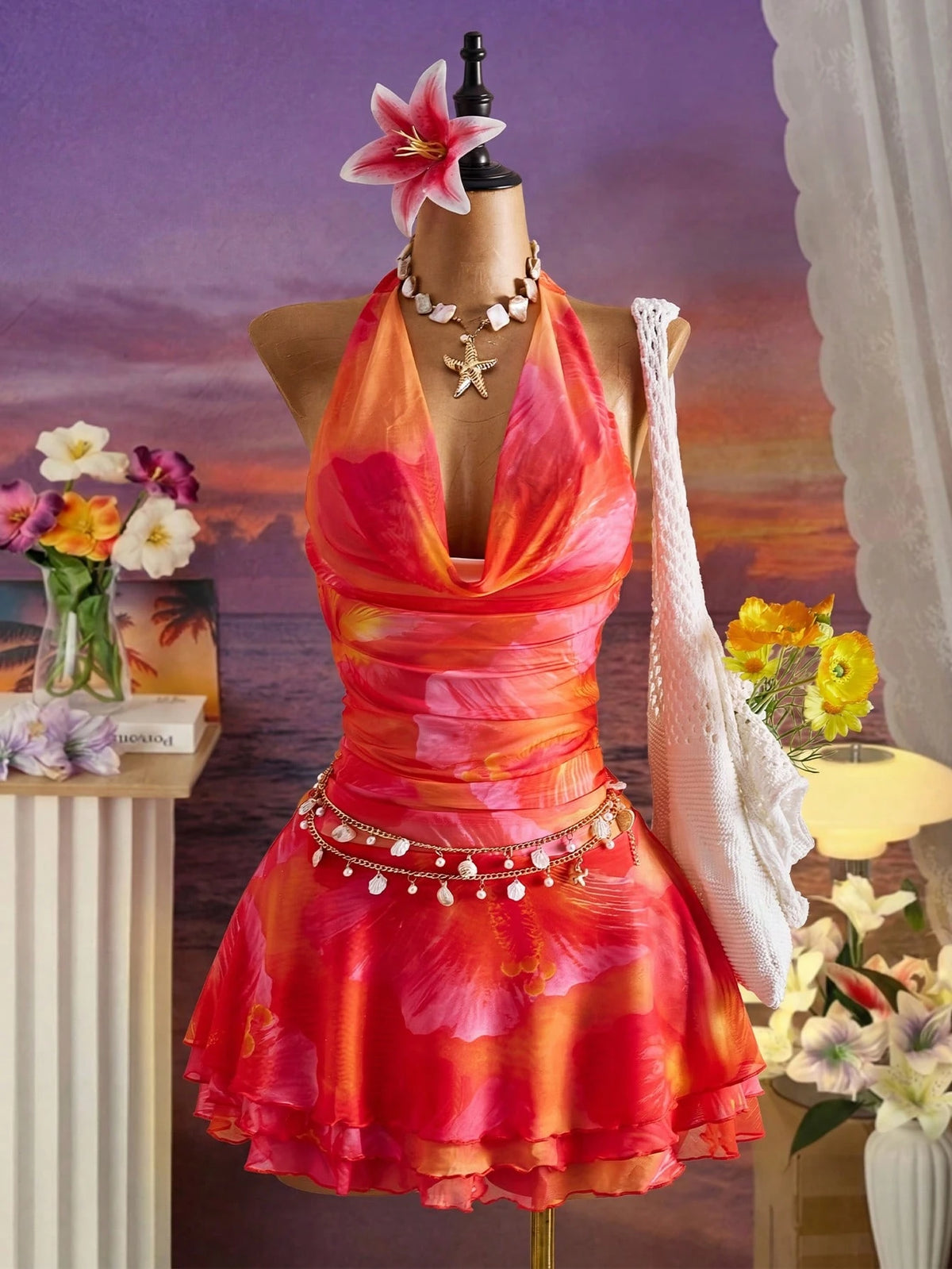 Bellisia Spring/Summer New Women's Fashion Sexy Print Dress - Cowl Neck Design - Waist Cinched & Ruched - image 6