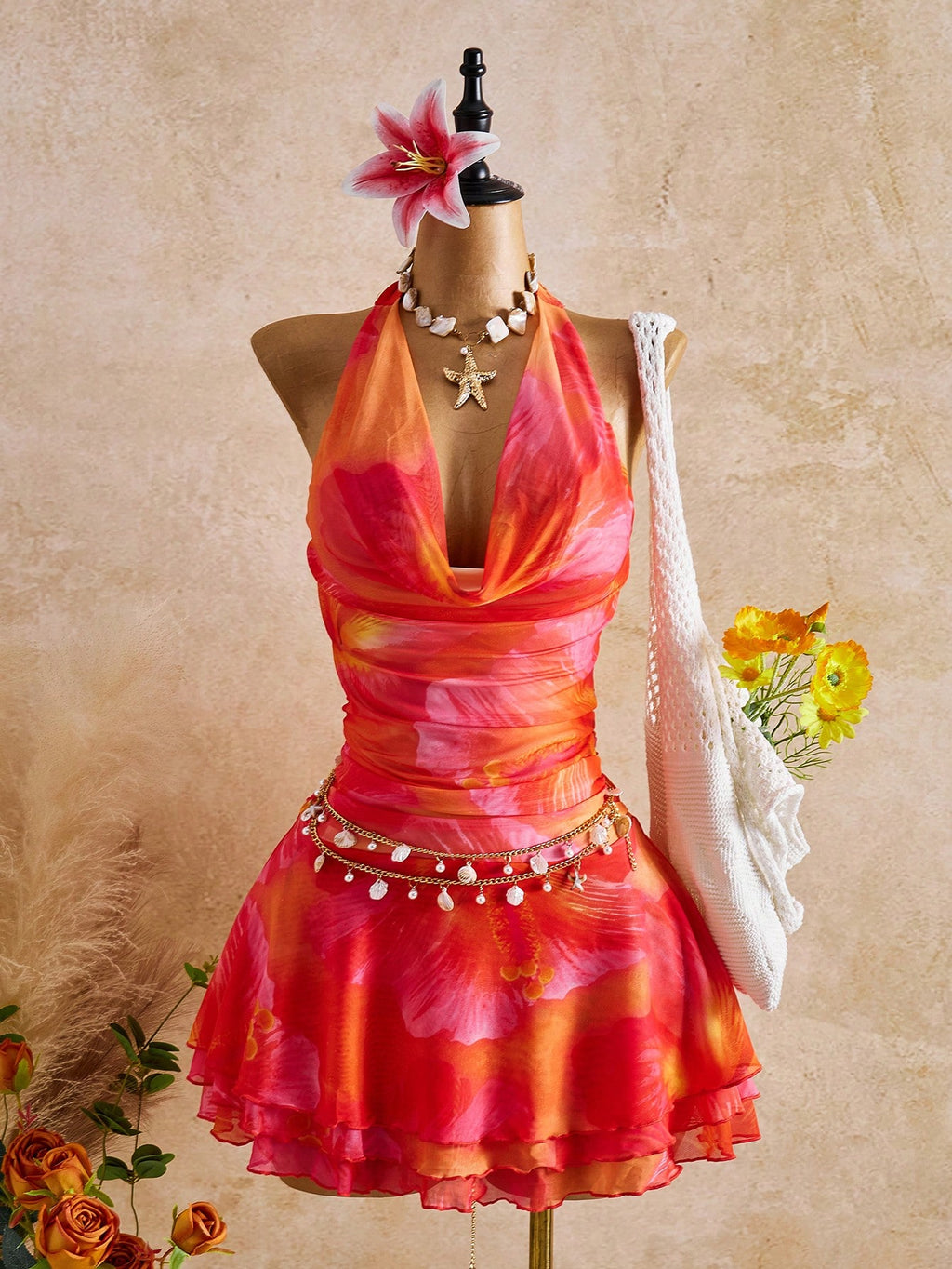 Bellisia Spring/Summer New Women's Fashion Sexy Print Dress - Cowl Neck Design - Waist Cinched & Ruched - image 8