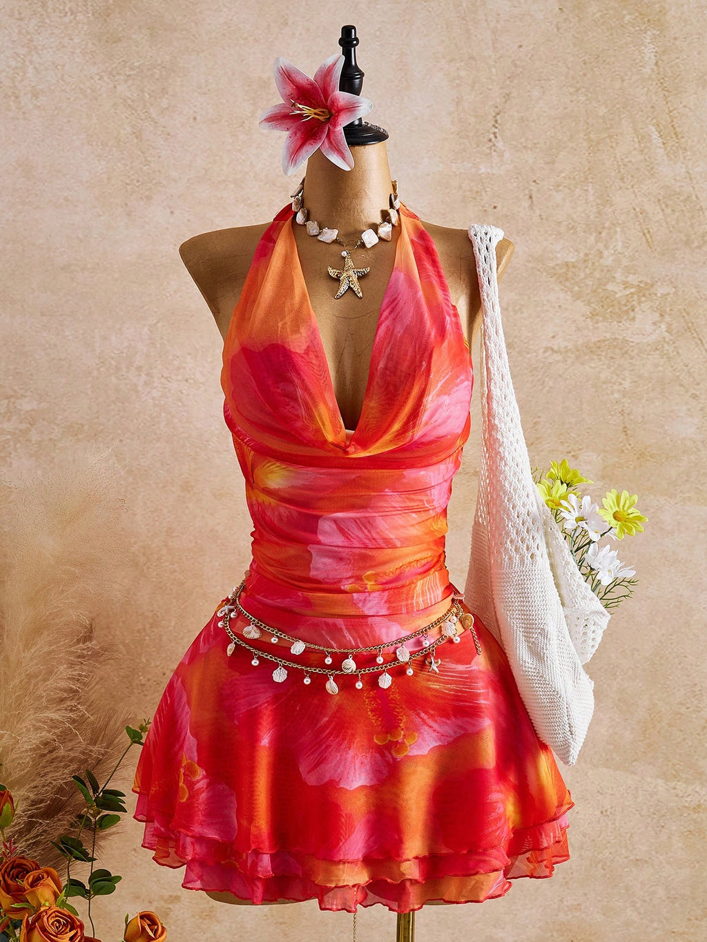 Bellisia Spring/Summer New Women's Fashion Sexy Print Dress - Cowl Neck Design - Waist Cinched & Ruched - image 10