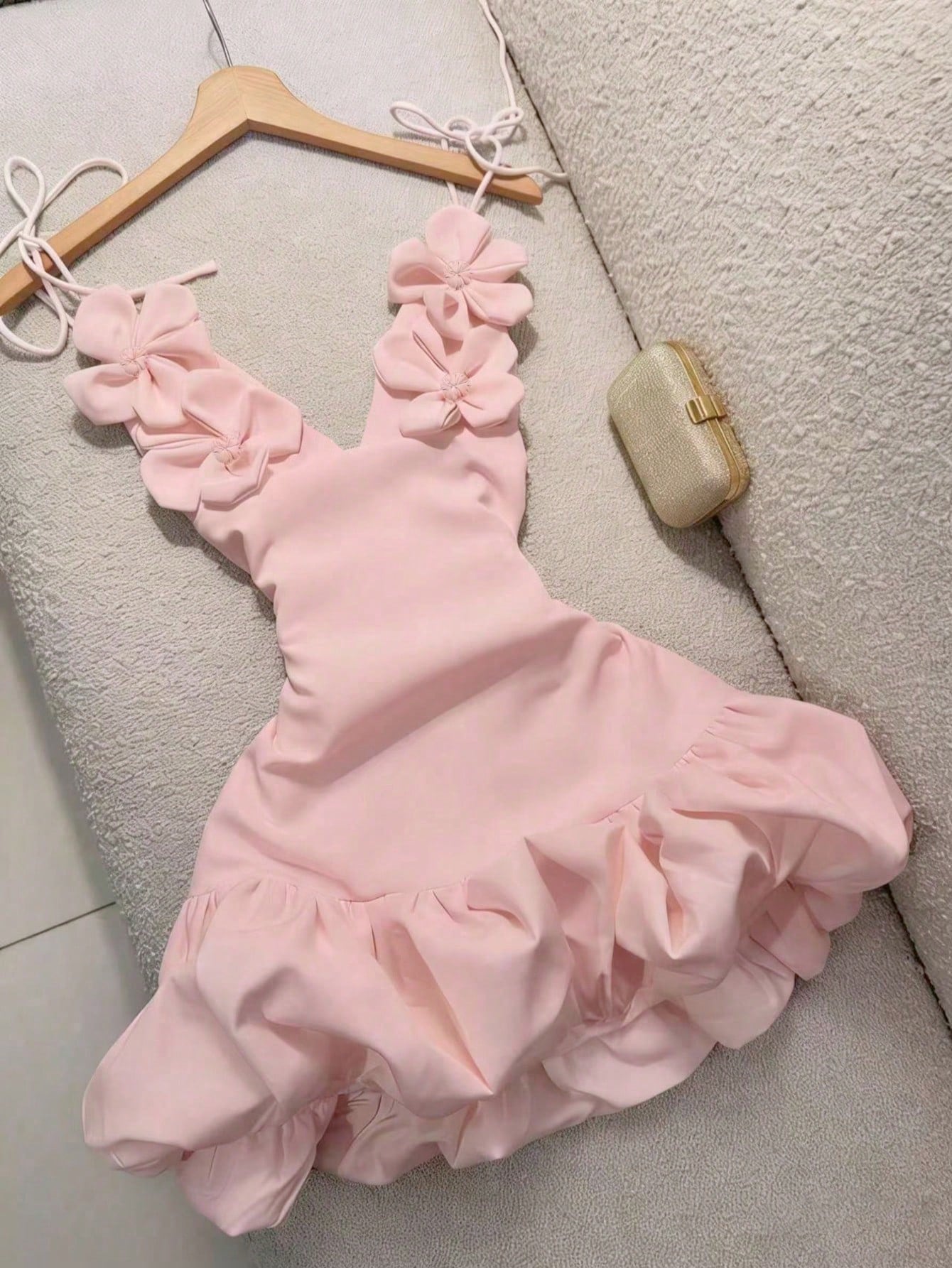 Women's Handmade Floral 3D Decor Deep V-Neck Spaghetti Strap Tie-Up