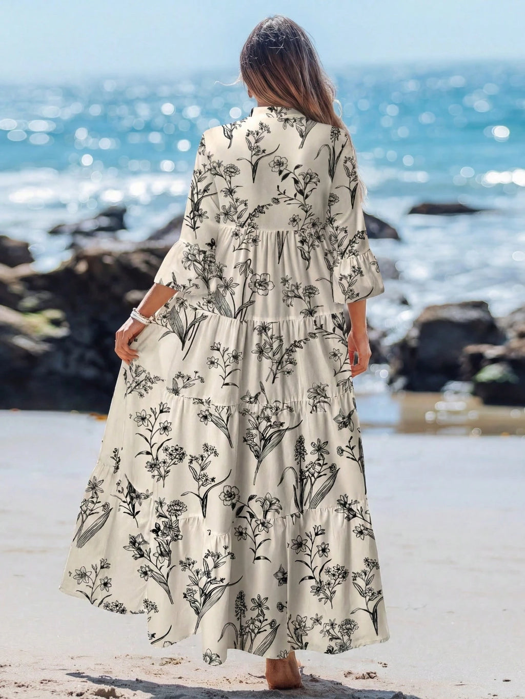 Sylviya Casual Tropical Boho Floral Pattern V-Neck Long Sleeve