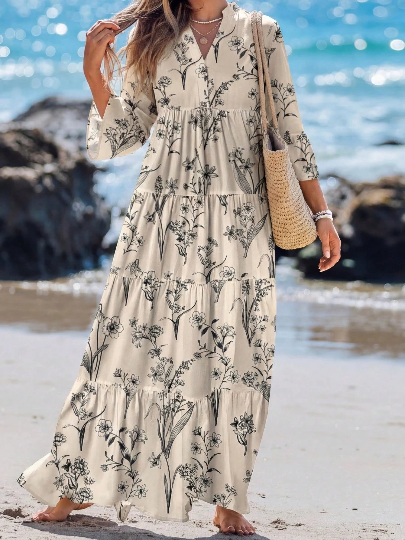 Sylviya Casual Tropical Boho Floral Pattern V-Neck Long Sleeve Pleated Dress For Women, Suitable For Autumn,