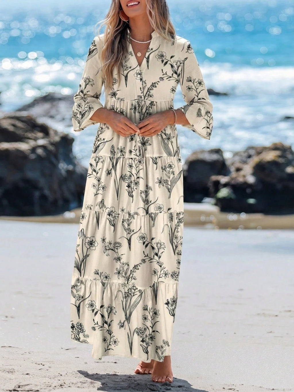 Sylviya Casual Tropical Boho Floral Pattern V-Neck Long Sleeve