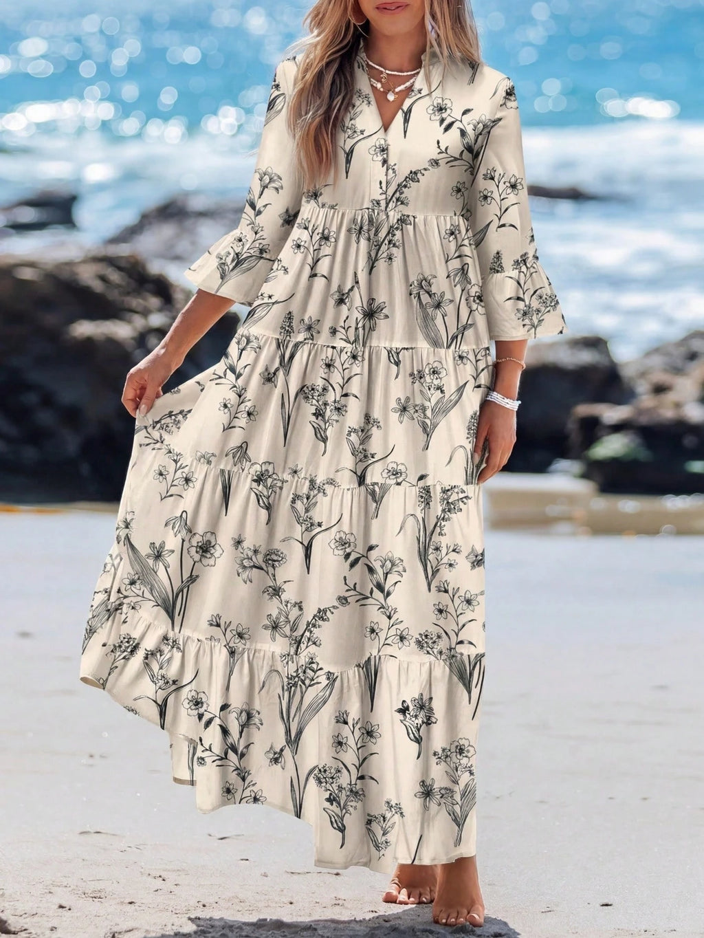 Sylviya Casual Tropical Boho Floral Pattern V-Neck Long Sleeve