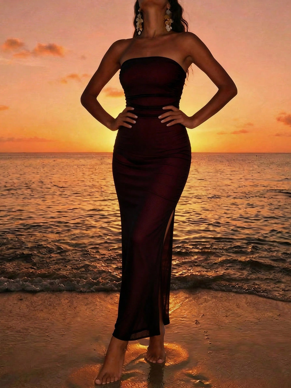 Rafferiza Women Summer Strapless Long Skirt Elegant Black And Silver