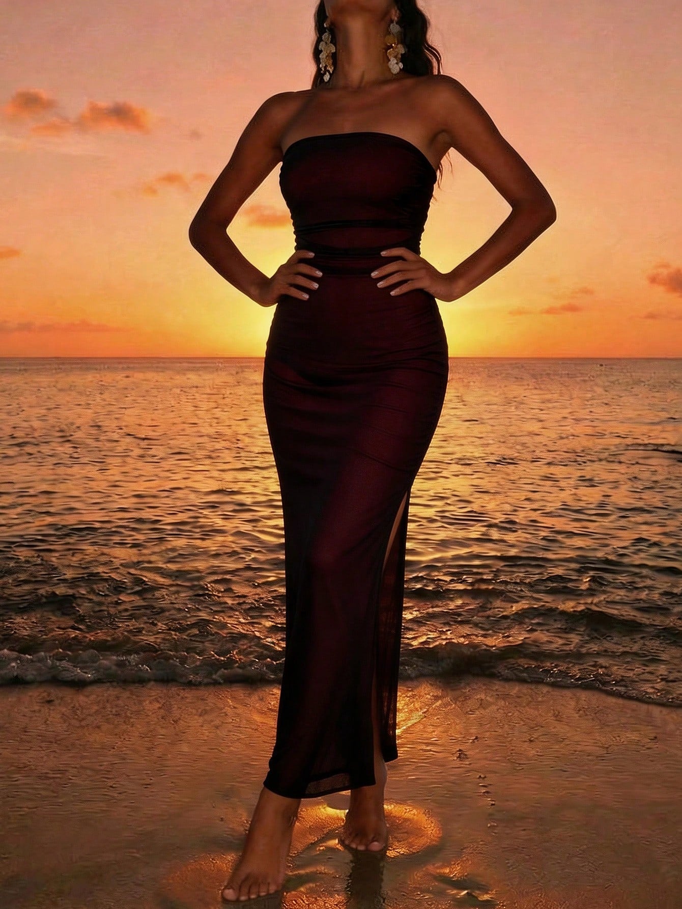 Rafferiza Women Summer Strapless Long Skirt Elegant Black And Silver