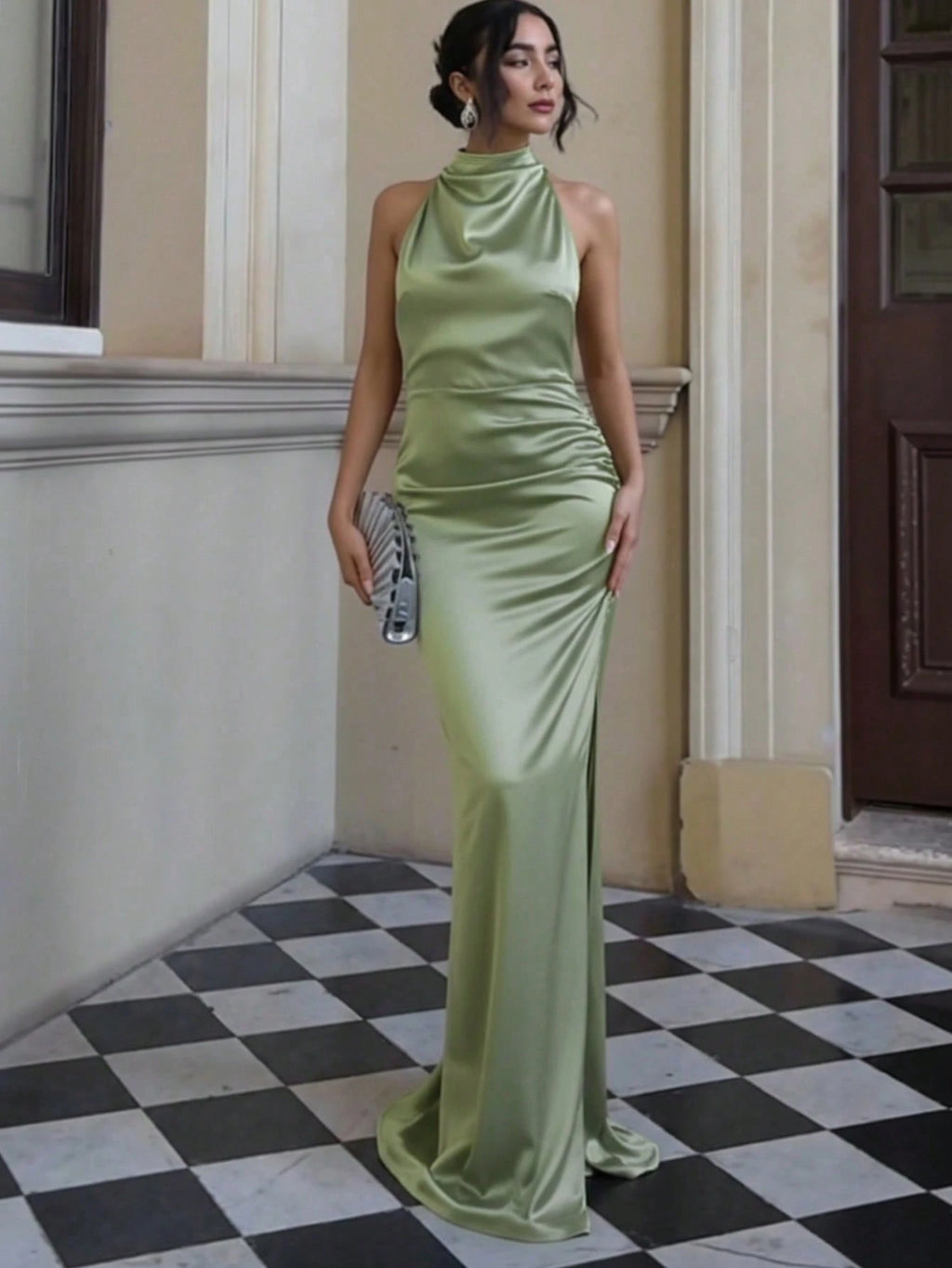 Basrey New Mint Green Elegant Women's Solid Color Tie Waist Pleated Backless Cocktail Dress, Mermaid Maxi - image 17