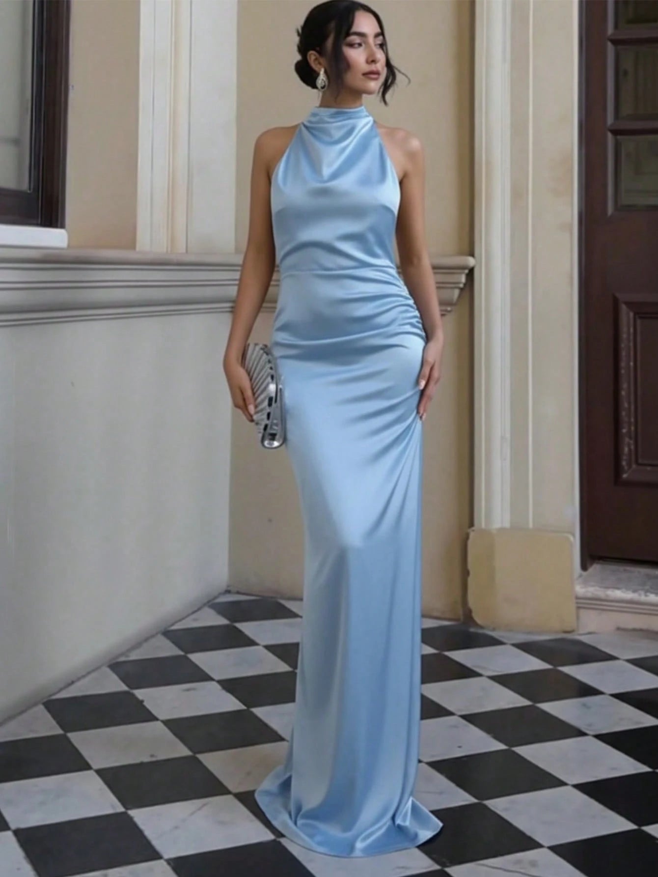 Basrey New Mint Green Elegant Women's Solid Color Tie Waist Pleated