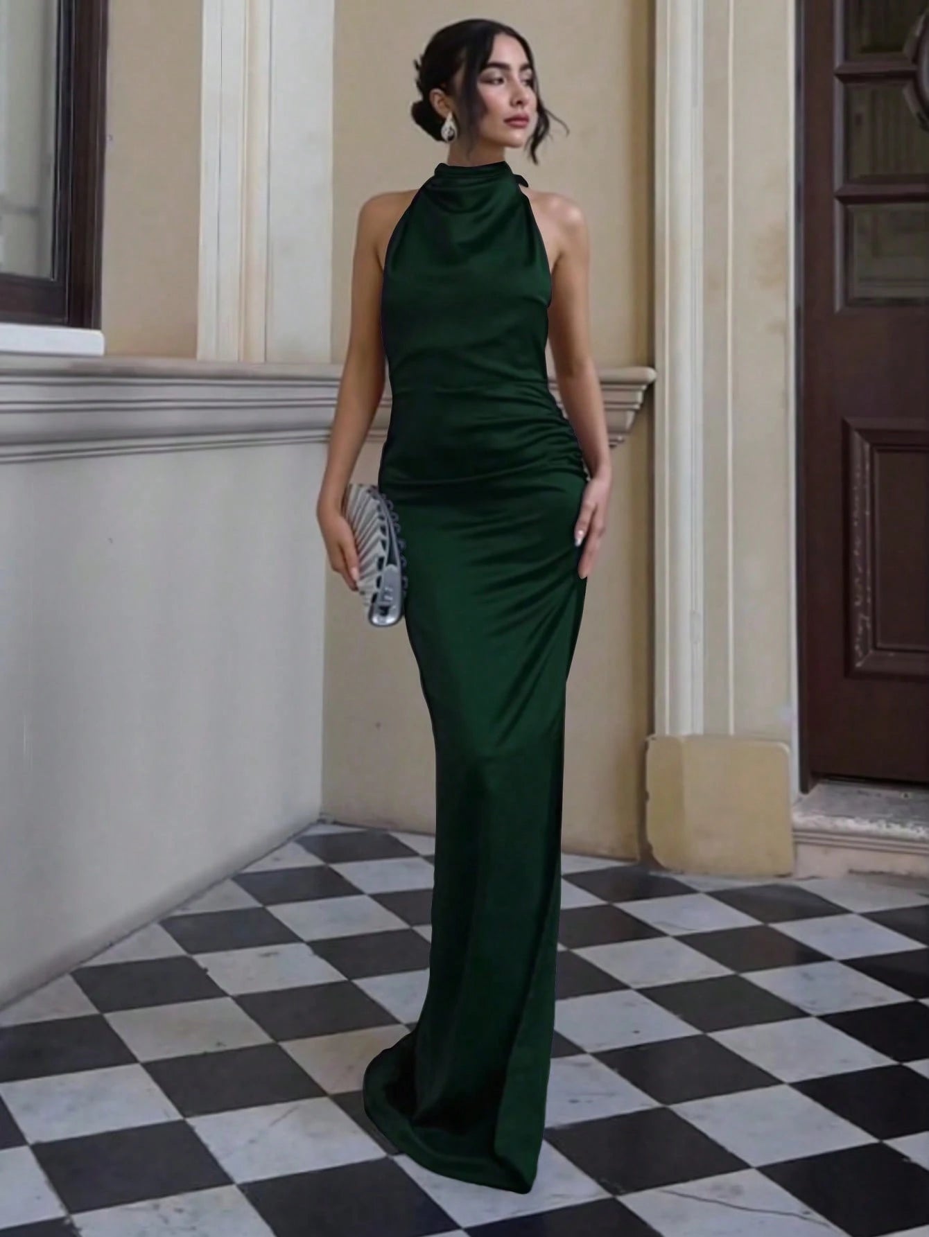 Basrey New Mint Green Elegant Women's Solid Color Tie Waist Pleated