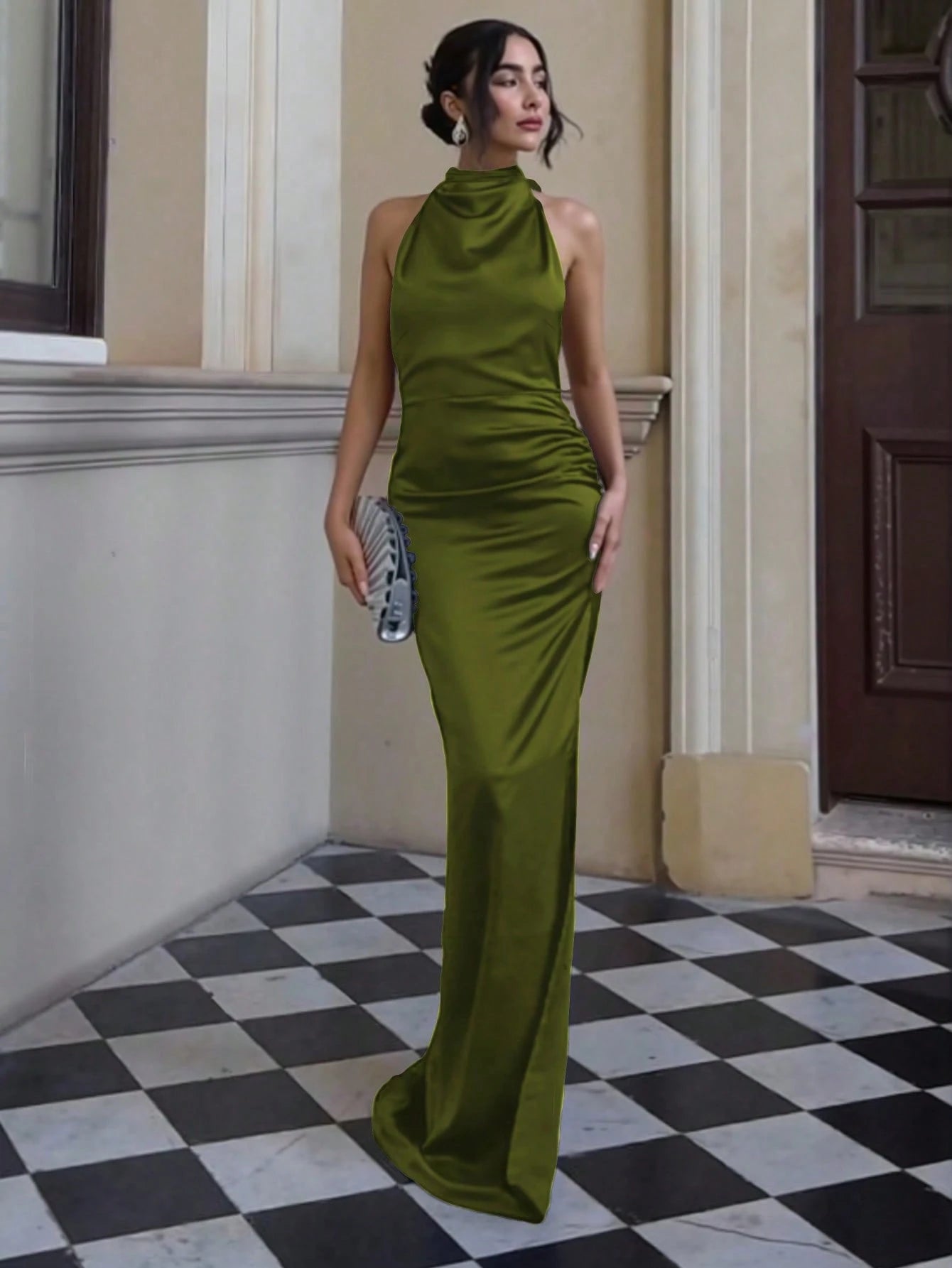Basrey New Mint Green Elegant Women's Solid Color Tie Waist Pleated