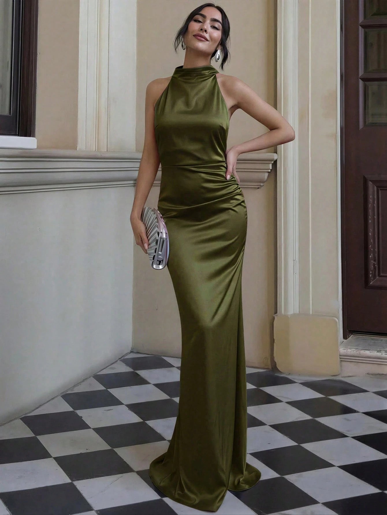Basrey New Mint Green Elegant Women's Solid Color Tie Waist Pleated