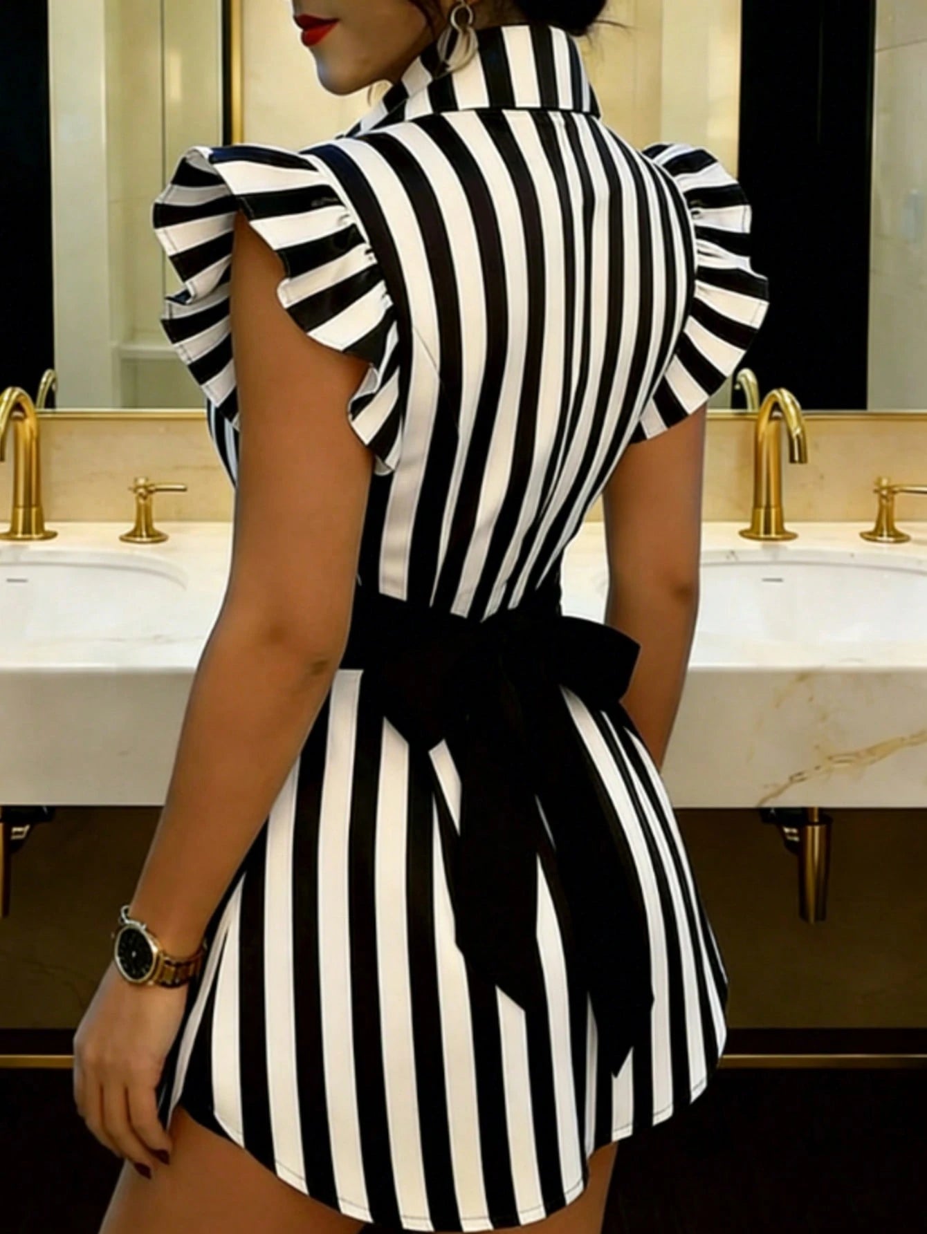 Women's Spring/Summer Striped Patchwork Solid Color Bow Tie Waist