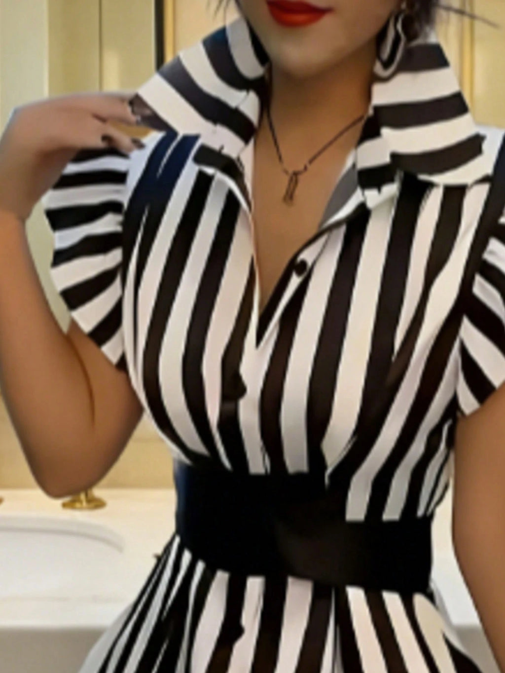 Women's Spring/Summer Striped Patchwork Solid Color Bow Tie Waist