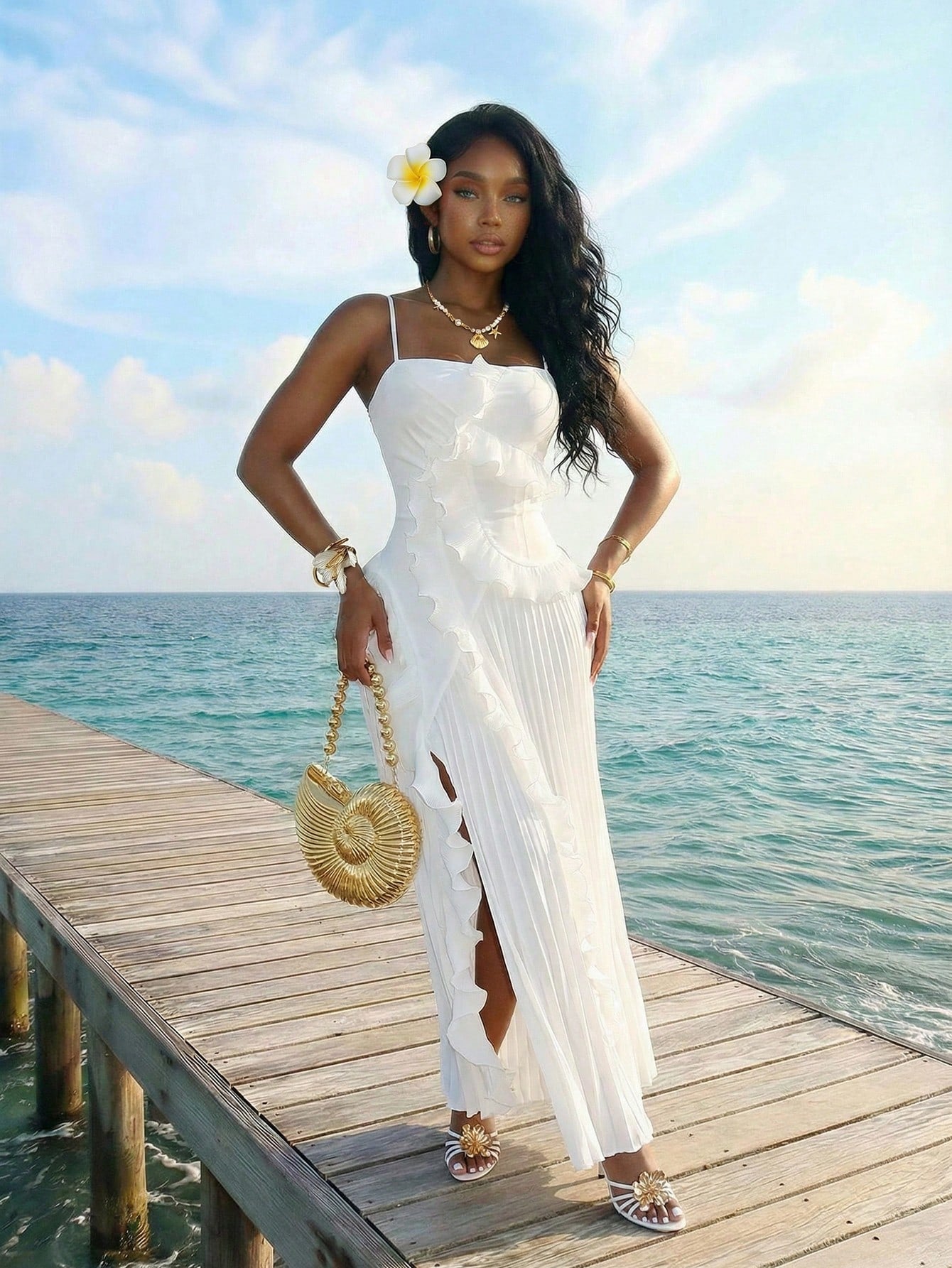 Slaydiva Women's Elegant White Long Dress For Summer Date,Halter Strapless Pleated Ruffles High Slit Bohemian - image 3