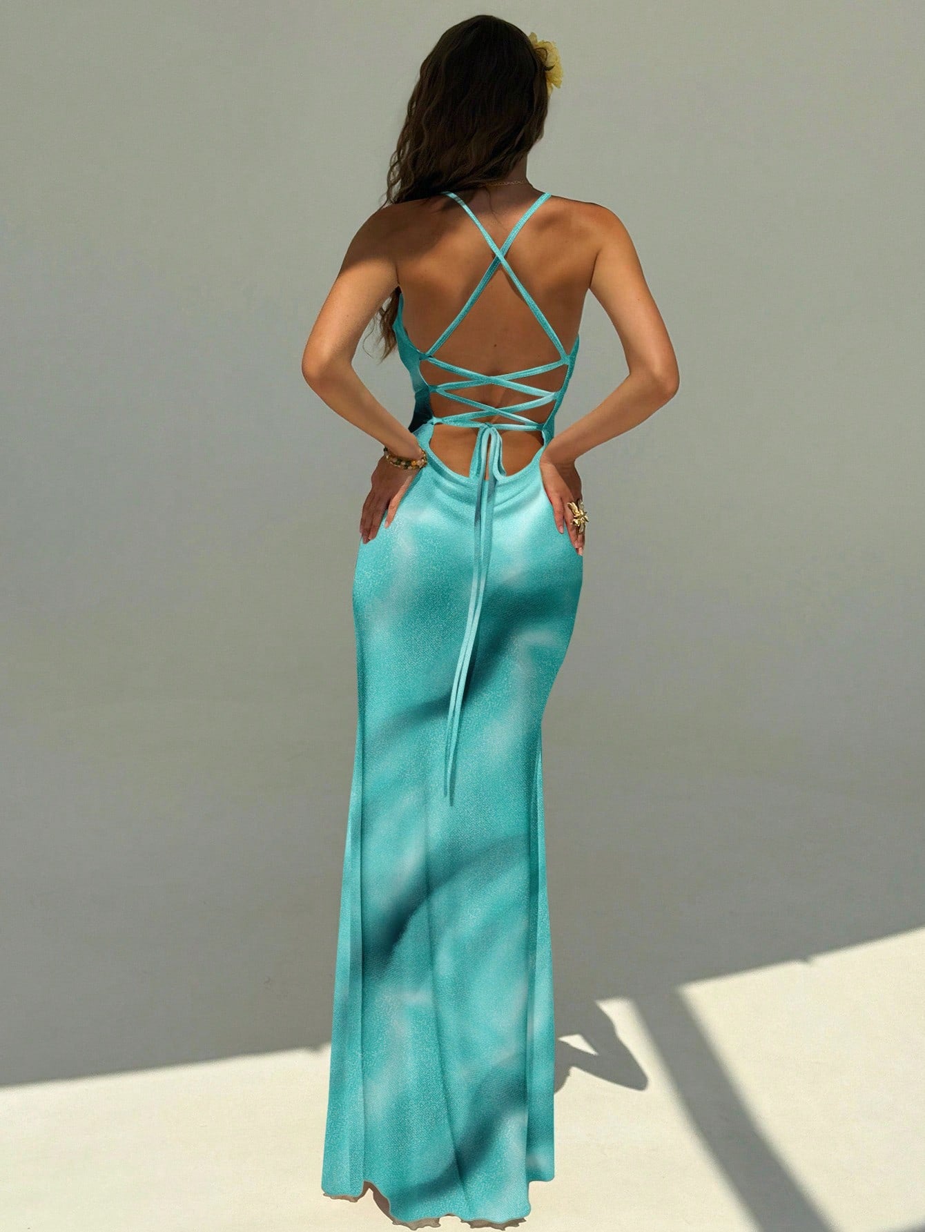 Women's Elegant Orange Hibiscus Print Backless Tie Strap Dress