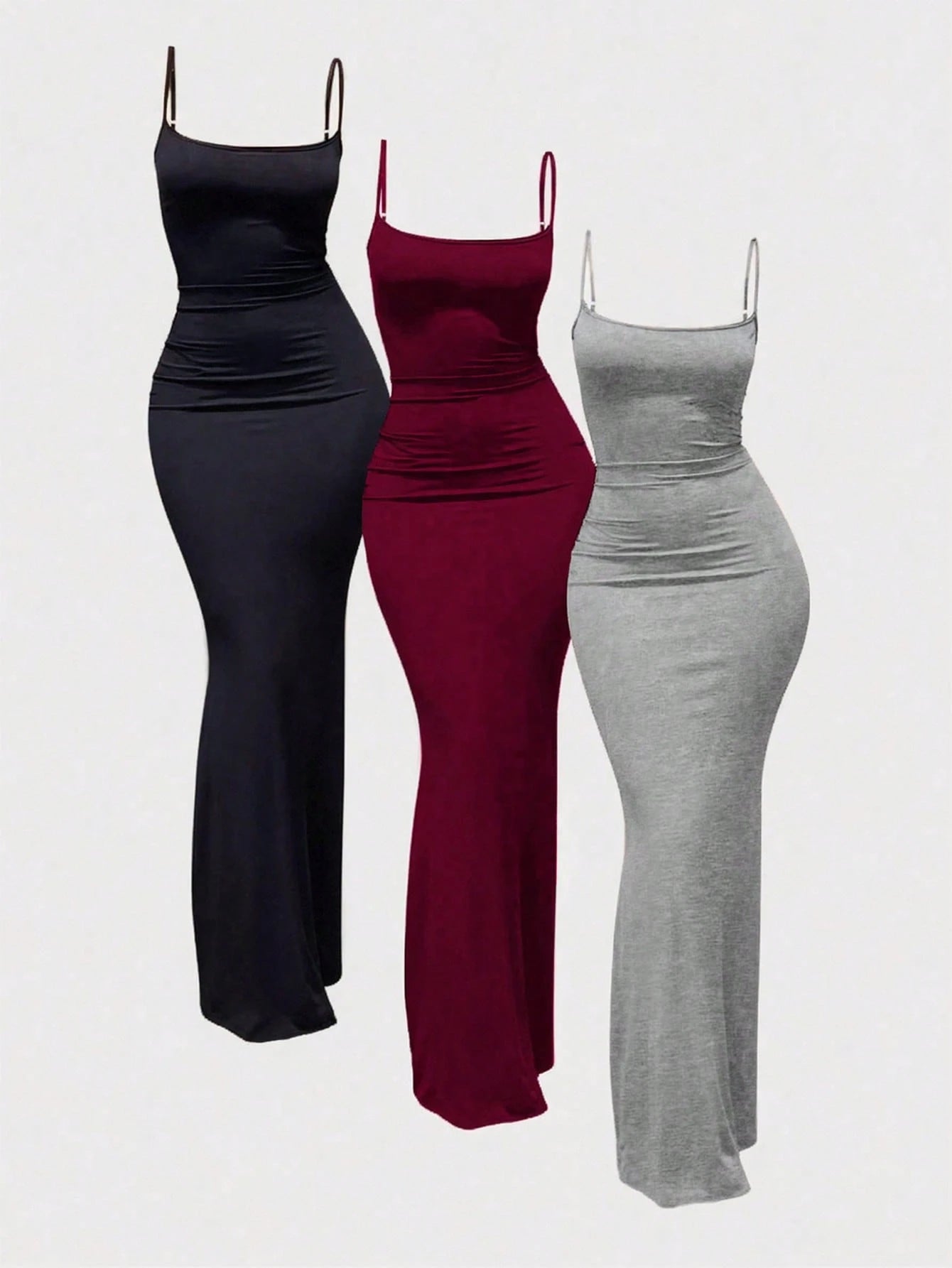 MYSTAURA 3pcs/Set Solid Color Pleated Fitted Camisole Dress, Black, Navy Blue, Beige - image 11