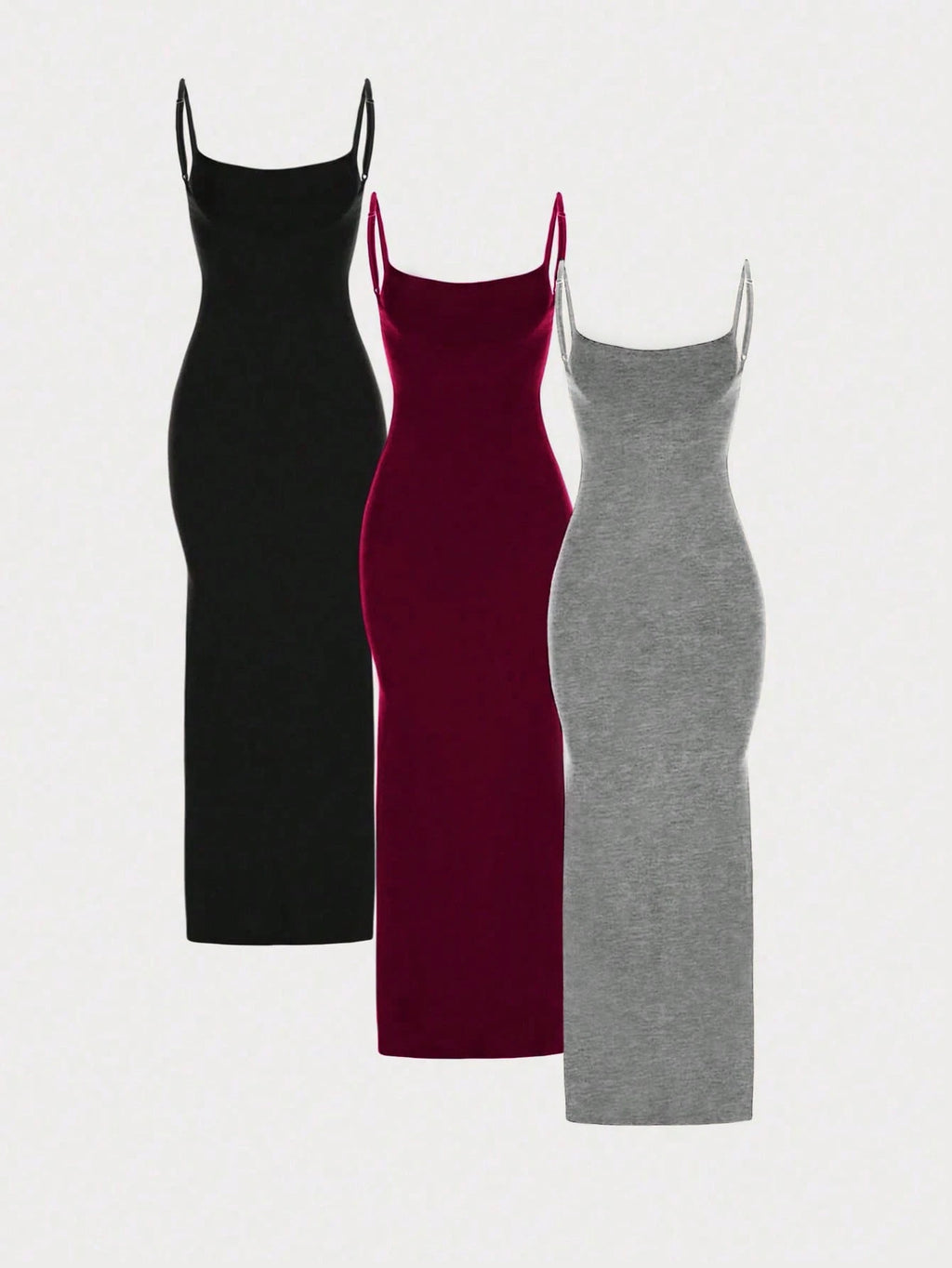 MYSTAURA 3pcs/Set Solid Color Pleated Fitted Camisole Dress, Black,