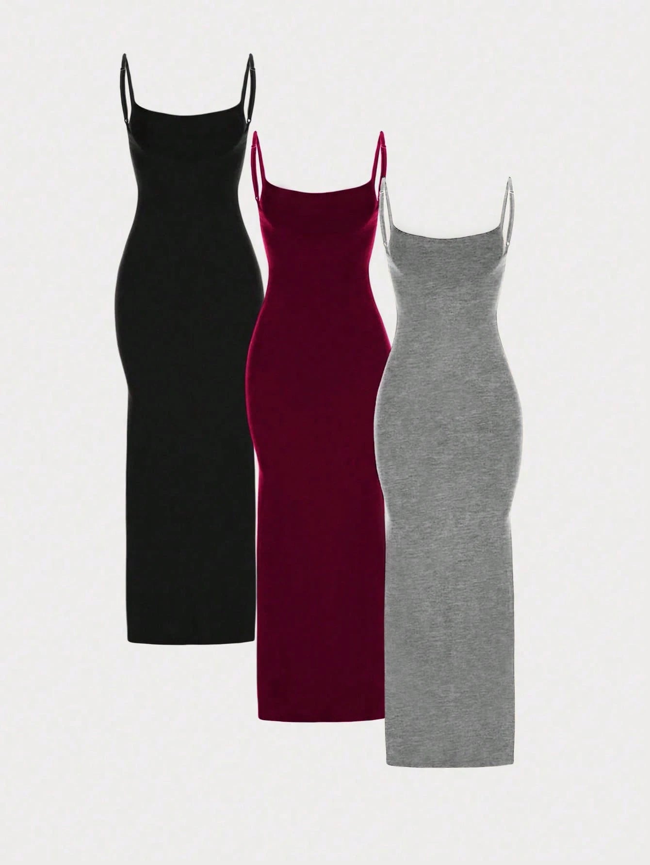 MYSTAURA 3pcs/Set Solid Color Pleated Fitted Camisole Dress, Black,