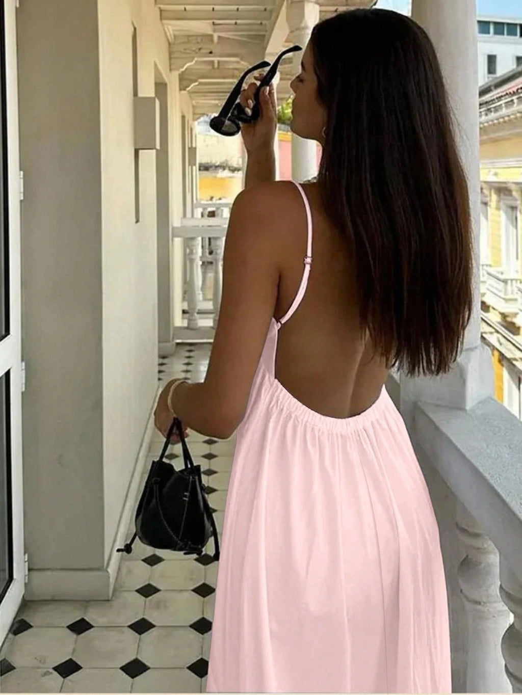 Cévolie Women's Simple Solid Color Ruched Backless Camisole Dress,