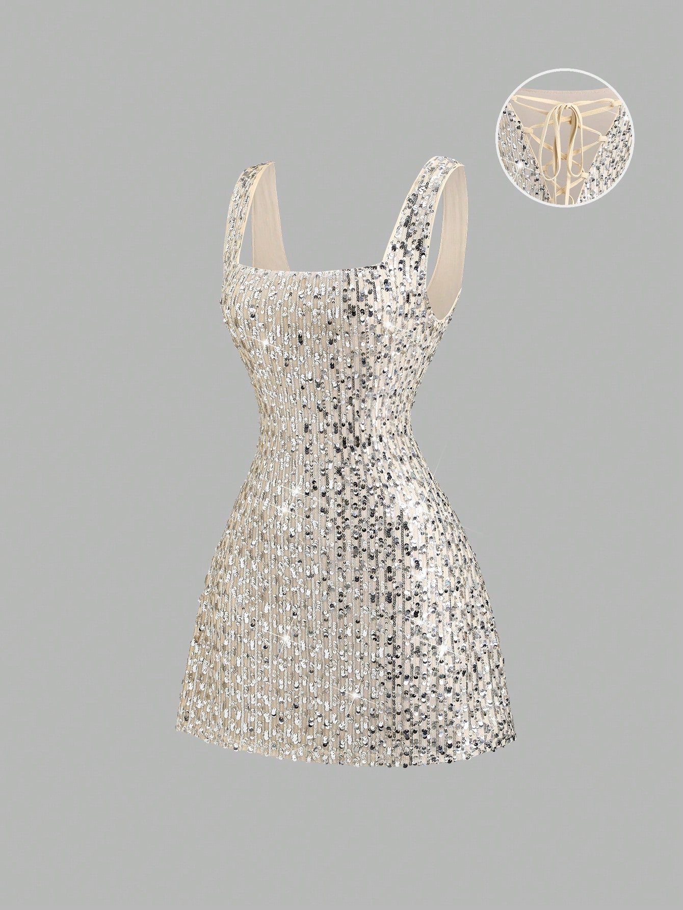 Sweetra Fashionable Sexy Backless Sequin Decor Square Neck Cinched Waist Design Summer Party Dress, Elegant - image 7