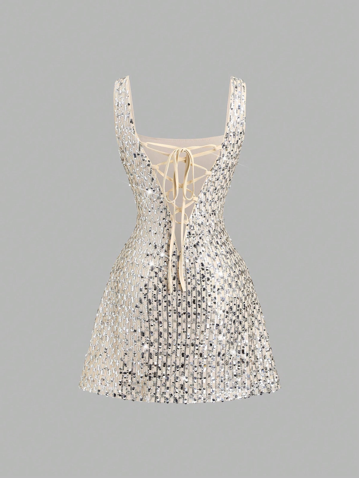 Sweetra Fashionable Sexy Backless Sequin Decor Square Neck Cinched Waist Design Summer Party Dress, Elegant - image 9