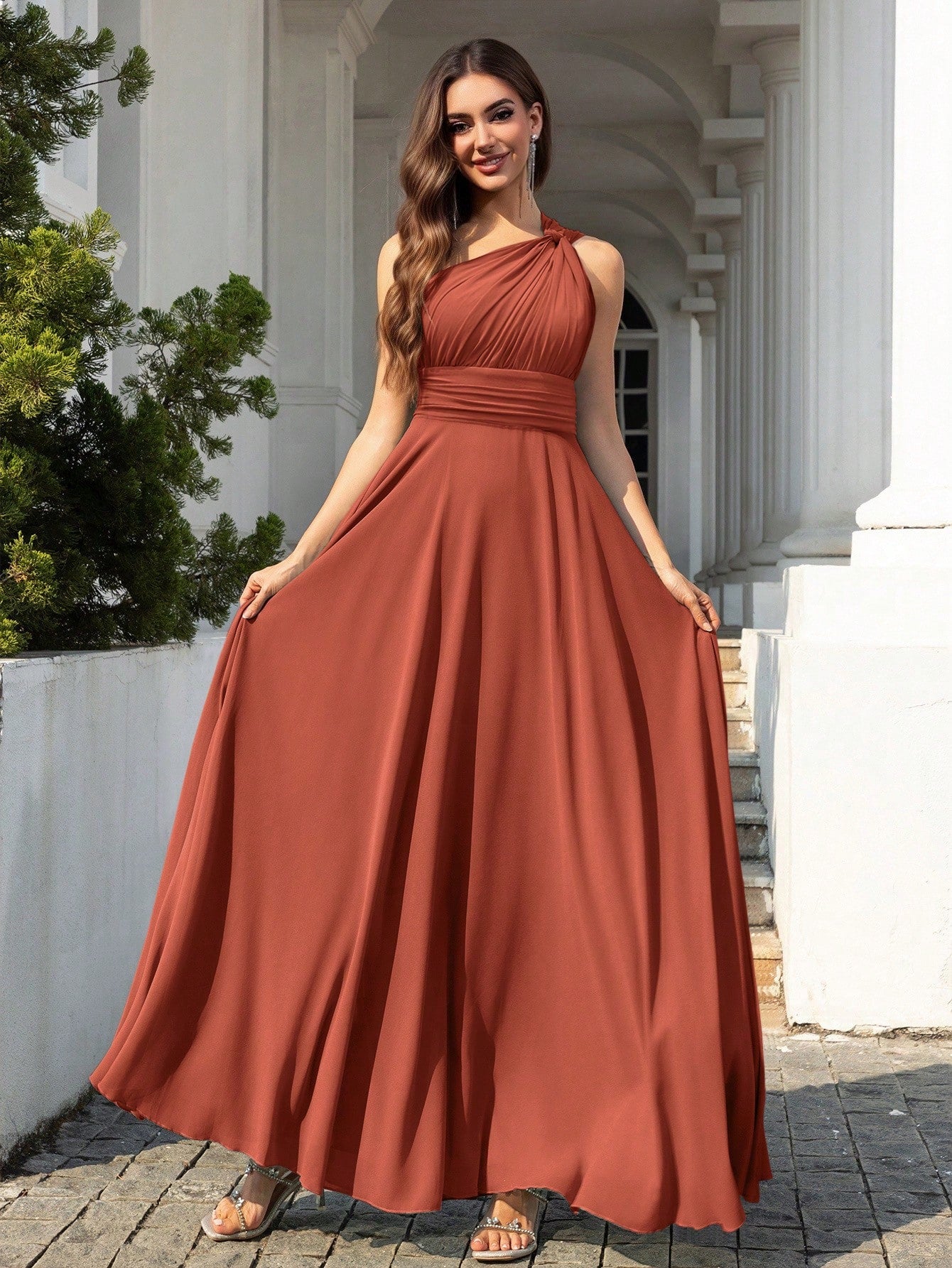 Volly Toych Elegant Sleeveless Long Bridesmaid Dress In Greyish Blue,