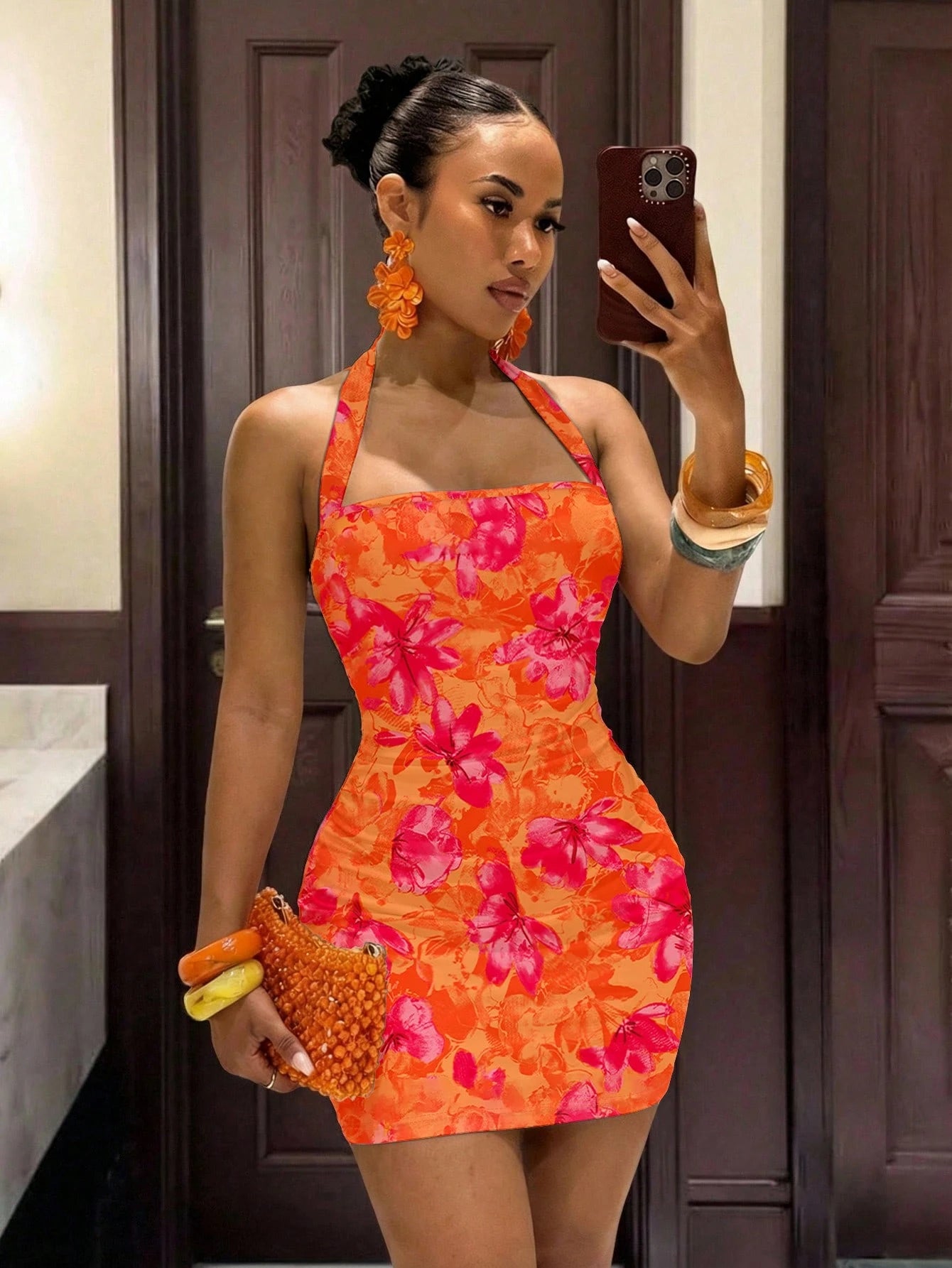 Slaydiva Floral Dresses For Women Floral Print Bodycon Halter Mini